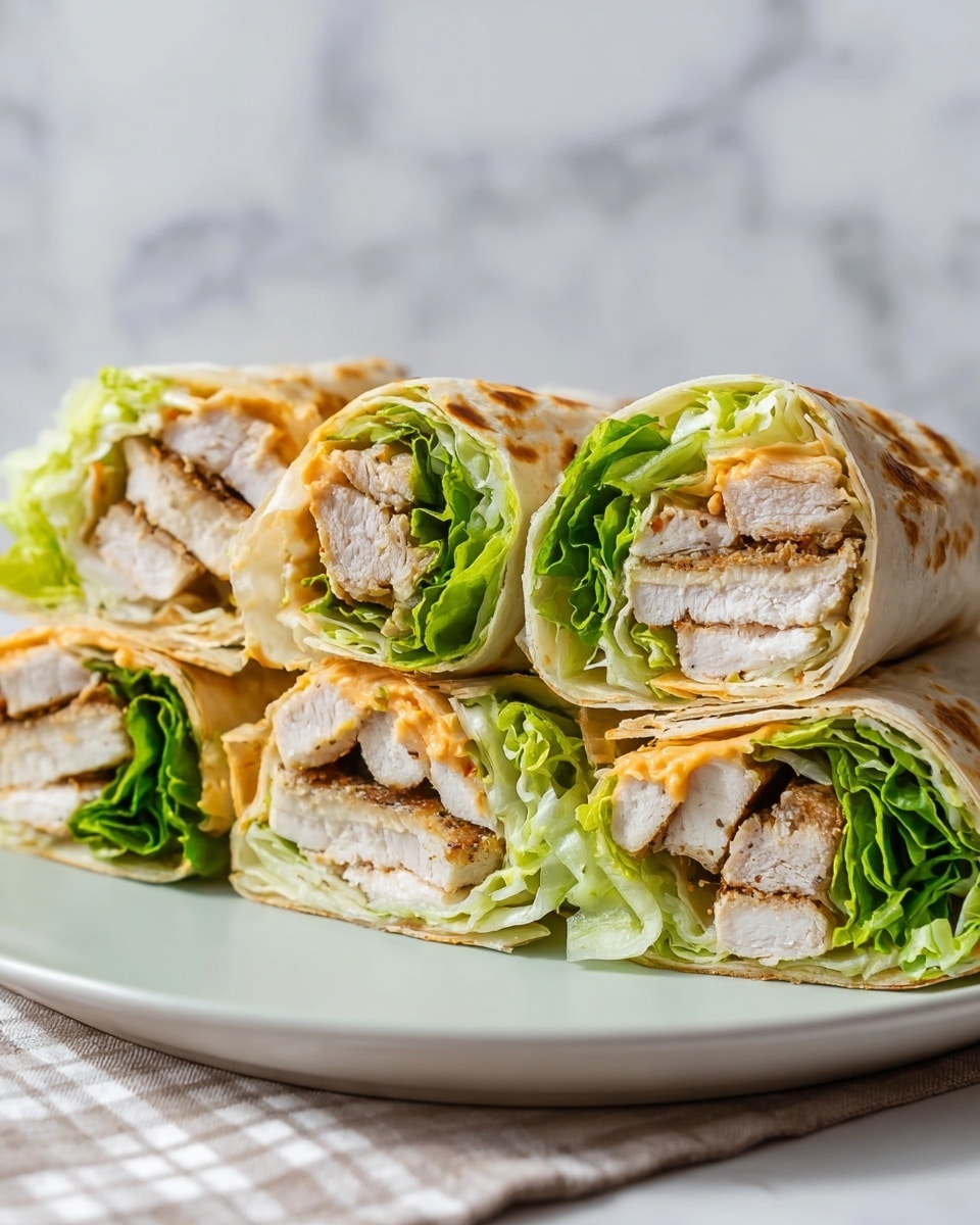 The image shows six wrap sandwiches cut in half and stacked closely on a white plate. Each wrap has three main visible layers: a soft, light beige tortilla on the outside, a thick middle layer of white grilled meat with light seasoning, and a top layer of fresh, crisp green lettuce. A creamy light orange sauce is spread over the meat and visible in between some layers, adding a moist texture. The background is a white marbled surface. Photo taken with an iphone --ar 4:5 --v 7