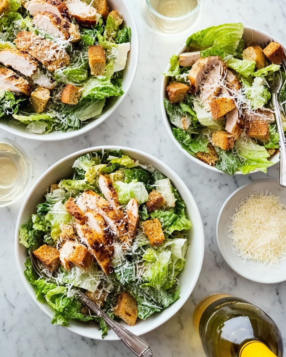 The image shows three white bowls with Caesar salad placed on a white marbled surface. Each bowl contains a layer of green romaine lettuce with a crisp texture, topped with several slices of grilled chicken pieces that are light brown with a slight char. On top, there are golden brown croutons scattered evenly, adding a crunchy texture. Shredded white cheese lightly covers the salad, and a silver fork rests inside one of the bowls. Around the bowls, there is a small white bowl filled with grated cheese, a glass of white wine, and a wine bottle with a yellow cap partially visible. photo taken with an iphone --ar 4:5 --v 7