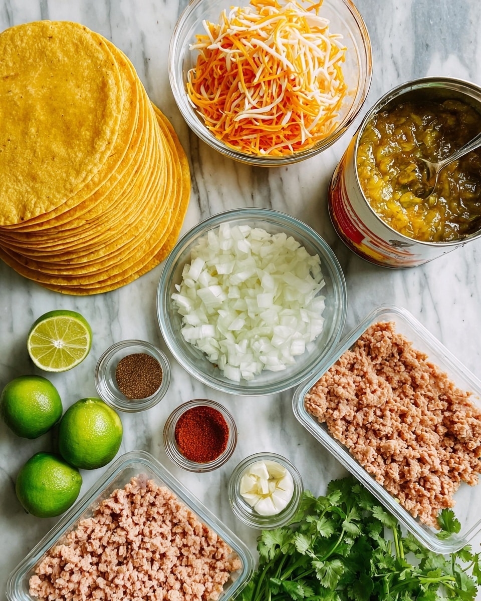 The image shows an arrangement of taco ingredients placed on a white marbled surface. In the center are six golden yellow tortillas stacked together, with a clear glass bowl of finely chopped white onions sitting on top. Above the tortillas is a clear glass bowl filled with shredded orange and white cheese. To the right is an open can with a spoon inside, containing chunky yellow-green salsa. Below the salsa can is a clear plastic tray holding pale pink ground meat. Near the bottom left corner are two green limes, one whole and one cut in half showing its juicy inside. Surrounding these are small glass containers with various spices in red, green, and brown shades, along with a small bowl of minced garlic. A bunch of fresh green cilantro leaves is also visible near the bottom right. All items are neatly spaced to clearly show their colors and textures. Photo taken with an iphone --ar 4:5 --v 7