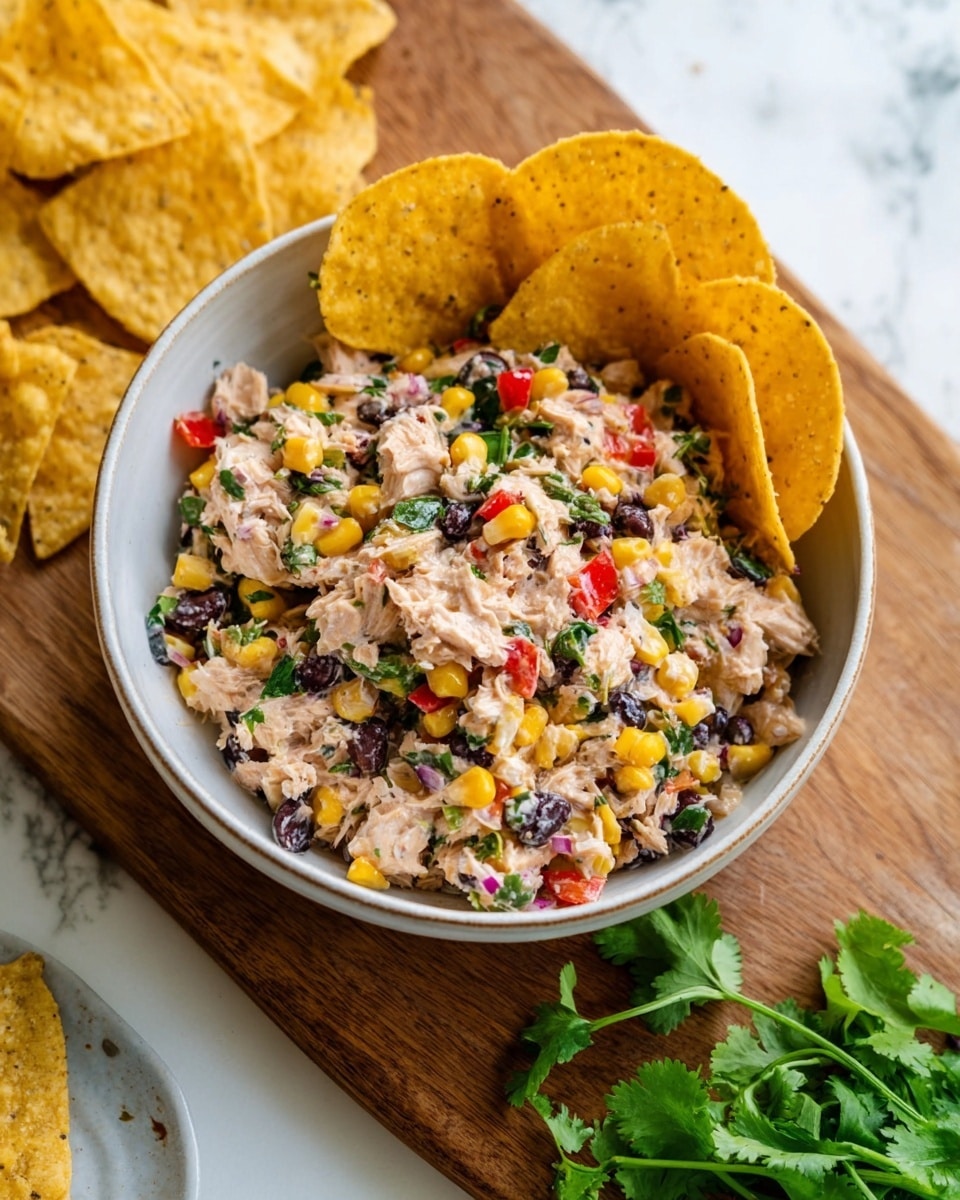 A white bowl filled with a mixed salad made of light beige shredded tuna, bright yellow corn kernels, black beans, small pieces of red bell pepper, chopped green herbs, and bits of purple onion. The salad has a creamy texture but is chunky, with the vibrant colors evenly spread throughout. Around the inside edge of the bowl, several large golden-yellow round tortilla chips stand upright, adding a crunchy texture contrast. The bowl sits on a wooden board, and a green cilantro sprig is placed nearby on a white marbled surface. Photo taken with an iphone --ar 4:5 --v 7