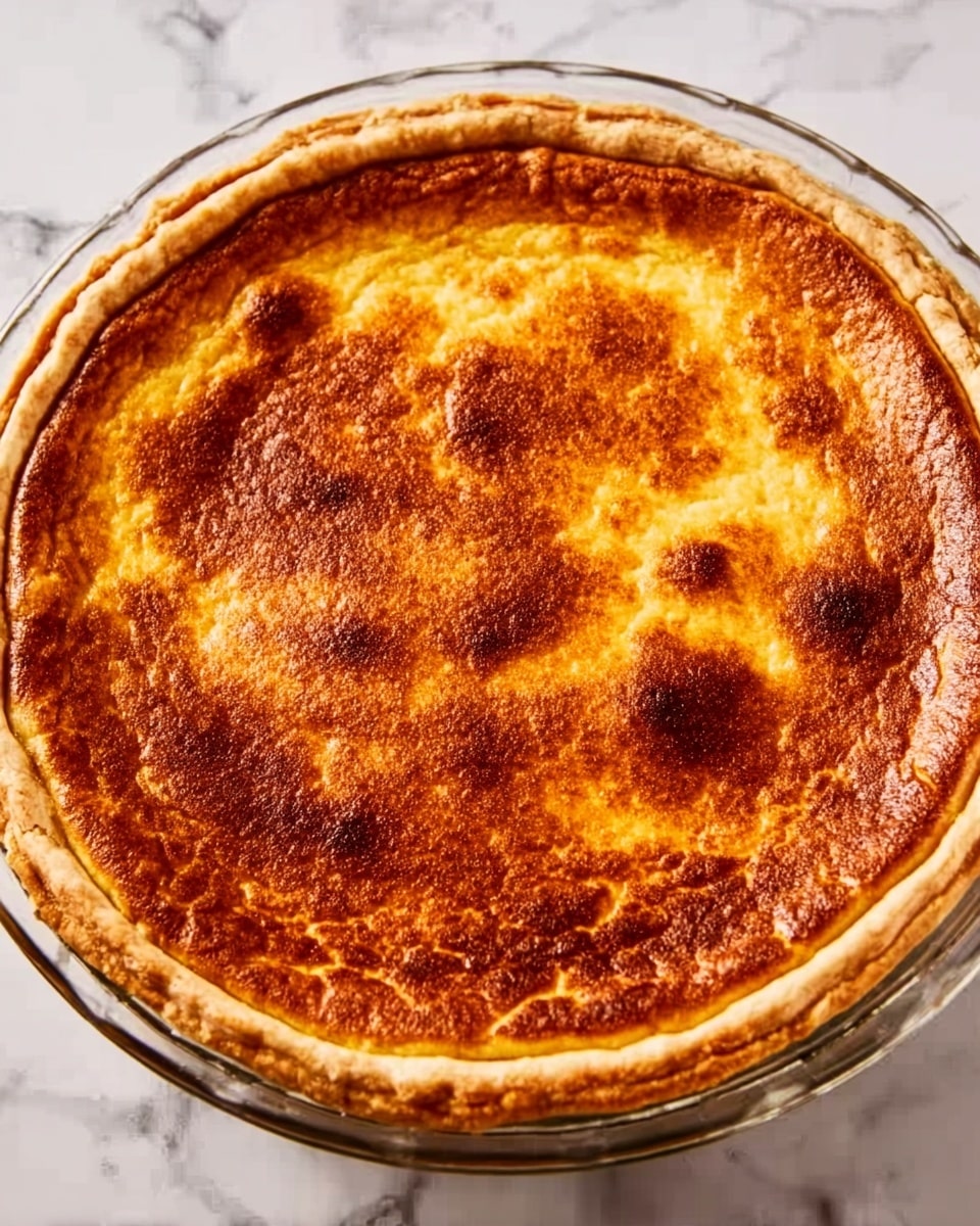 A round pie in a clear glass pie dish sits on a white marbled surface. The pie has a thick, smooth golden-brown top layer that is evenly baked with some darker brown spots and a slightly uneven texture. The edges of the pie crust are neatly pressed against the pie dish, forming a raised rim. The surface looks slightly soft and custard-like with a warm color. photo taken with an iphone --ar 4:5 --v 7