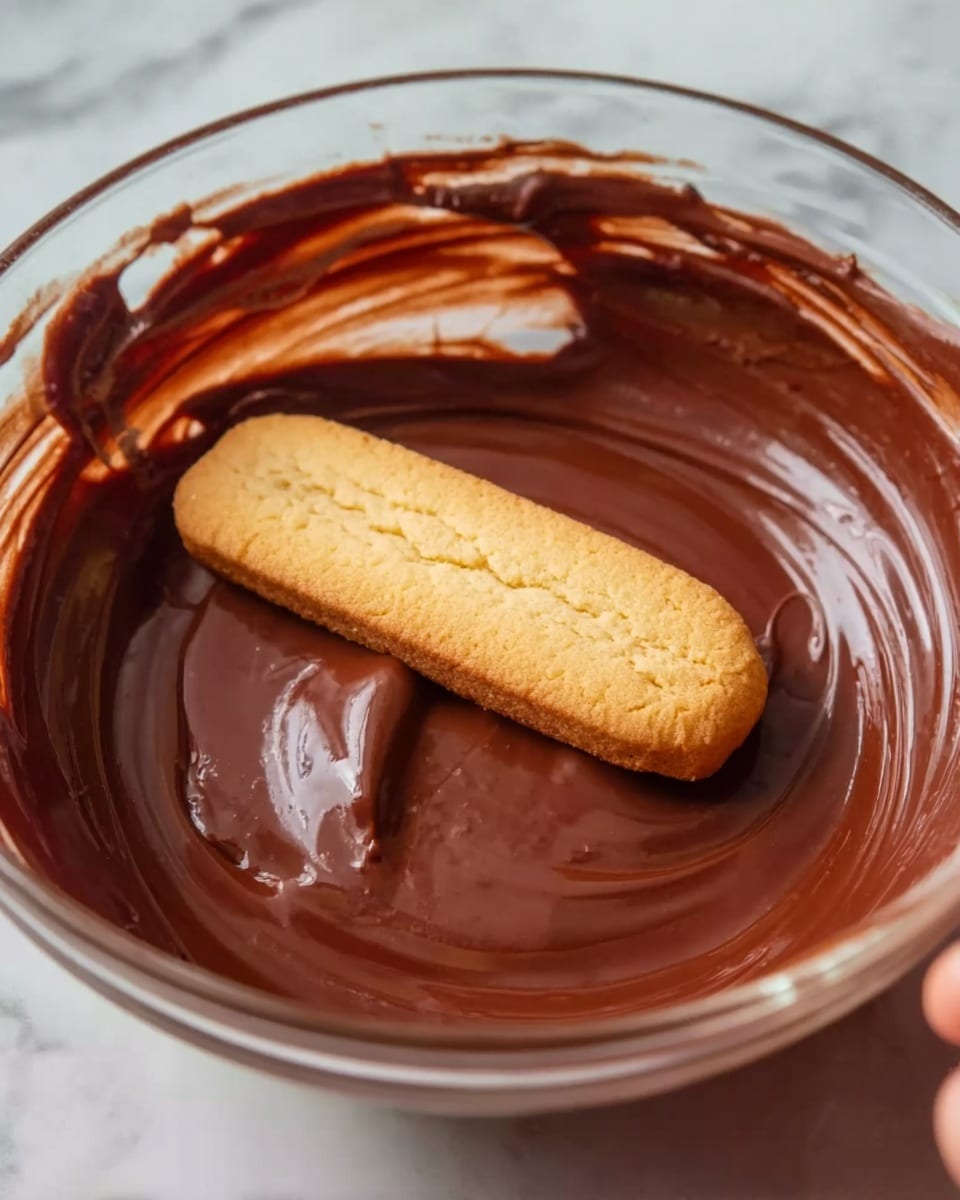 A close-up shows a single light brown, elongated biscuit with a soft, slightly crumbly texture resting diagonally inside a clear glass bowl filled with smooth, shiny dark chocolate. The chocolate coats the sides of the bowl in swirled patterns, with some chocolate sticking to the edges, showing a mix of thick and smooth areas. A woman's hand is gently holding the bowl from the top left. The background is a white marbled surface. photo taken with an iphone --ar 4:5 --v 7