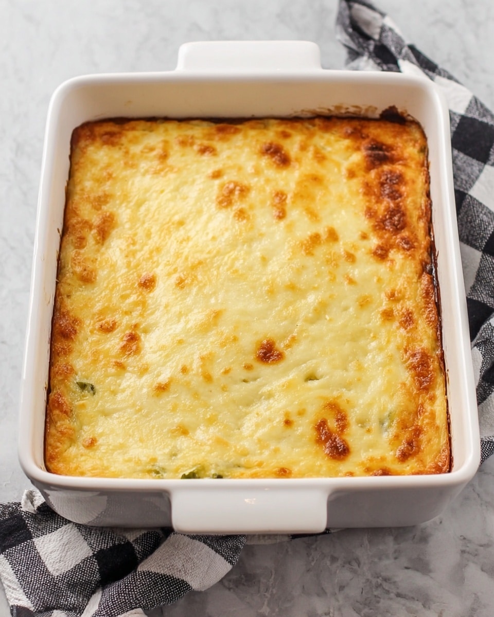 A white square baking dish filled with a golden brown baked casserole. The top layer is a smooth, slightly bubbly cheese crust with a few browned spots, showing a lightly crispy texture. Below the cheese, hints of green vegetable layers peek through the edges, indicating hidden baked layers underneath. The dish is placed on a white marbled surface with a black and white checkered cloth partially visible beside it. Photo taken with an iphone --ar 4:5 --v 7