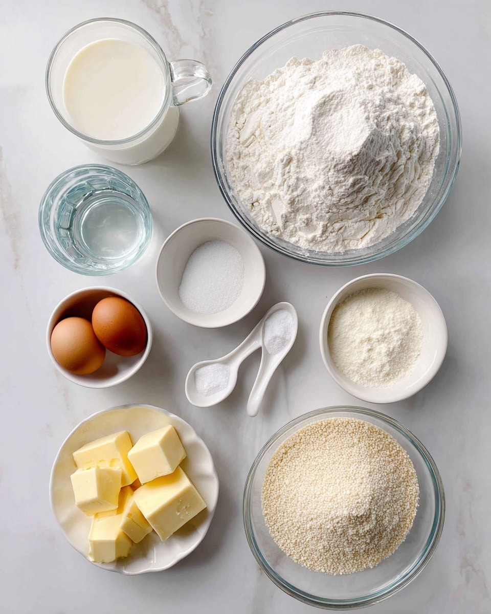 The image shows several clear and white bowls arranged on a white marbled surface, each filled with different baking ingredients. A large clear bowl on the right holds a big pile of white flour with a small mound in the center. To the upper left is a clear glass cup filled with milk. Next to it is a small white bowl with white sugar. Below the milk glass is another clear glass cup with clear water. Near the center, two small white spoons hold white salt and white sugar. On the bottom left are two brown eggs in a clear small bowl. On the right bottom corner, a small white dish holds yellow butter squares, and next to it is another white dish filled with beige active dry yeast grains. The light is natural and soft, and the photo has a clean and neat look. Photo taken with an iphone --ar 4:5 --v 7