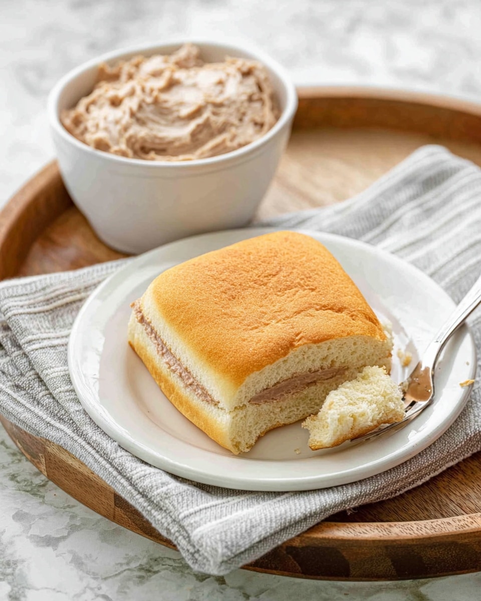 A white plate holds a square sandwich with a golden brown top layer, showing a bite taken out of the front side that reveals a soft, light beige inner bread layer. Inside the sandwich is a thin layer of light brown spread. The plate rests on a light gray and white striped cloth over a round wooden tray. To the upper left of the plate is a white bowl filled with a creamy, light brown spread with a somewhat chunky texture. A silver butter knife lies on the plate near the sandwich, set against a white marbled textured surface. photo taken with an iphone --ar 4:5 --v 7
