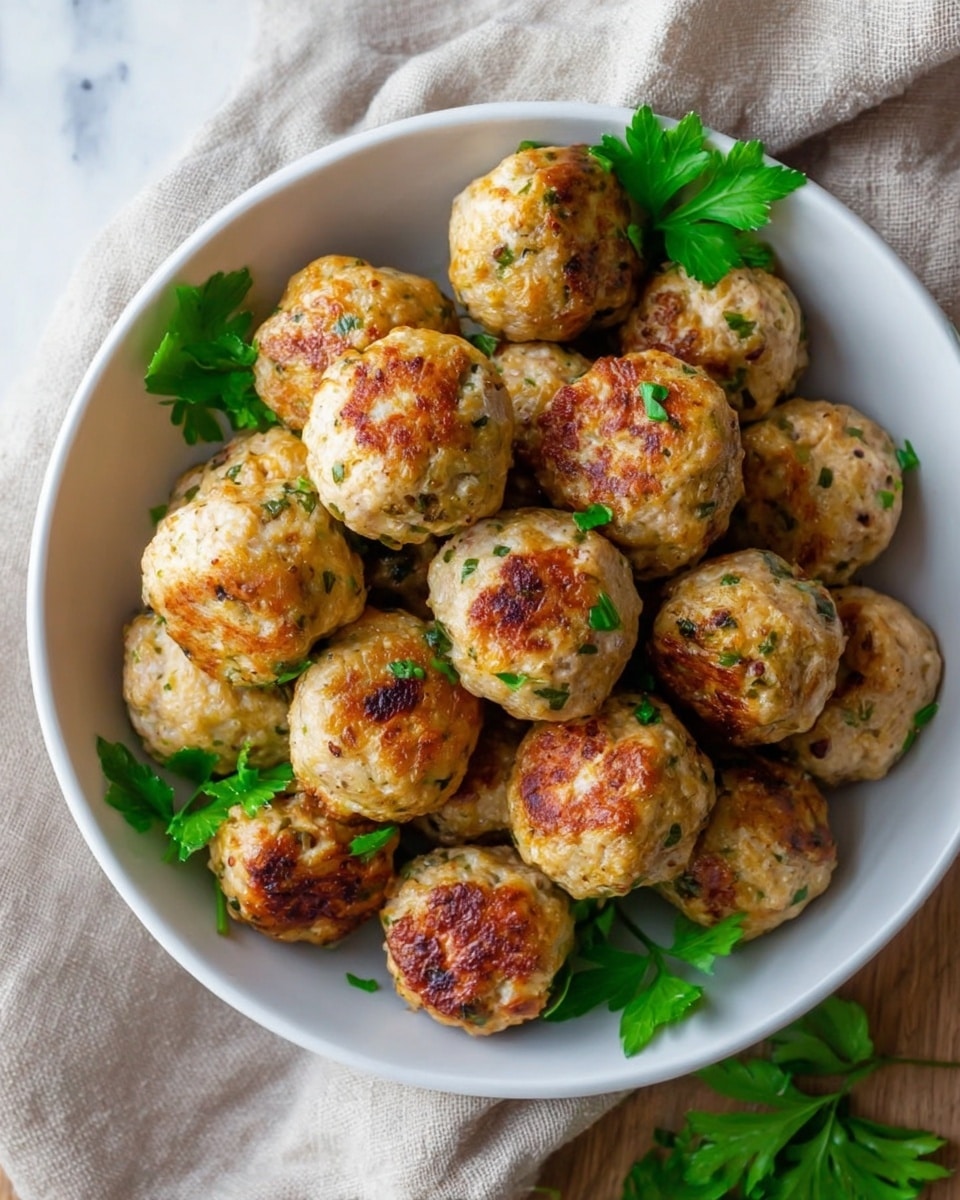 A white bowl filled with about fifteen small round meatballs that are golden brown with some darker spots and specks of green herbs inside. The meatballs are arranged in a slightly uneven pile, with fresh green parsley leaves scattered on top and some tucked beneath them. The bowl is placed on a white marbled surface with a beige cloth partially visible on the lower side of the image. Photo taken with an iphone --ar 4:5 --v 7