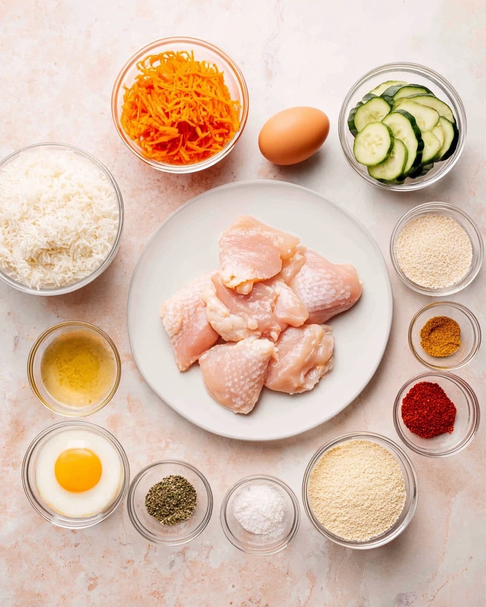 The image shows raw chicken pieces placed on a white plate in the center, with a textured pink surface. Around the plate, there are various small clear and white bowls filled with ingredients including white rice, sliced cucumber, shredded orange carrots, chopped kimchi, yellow mustard sauce, a raw egg, white flour, light beige breadcrumbs, and different spices like black pepper, salt, garlic powder, and red chili powder arranged neatly on a white marbled surface. The setup is clean and organized, with each ingredient clearly visible, creating a bright and fresh look photo taken with an iphone --ar 4:5 --v 7