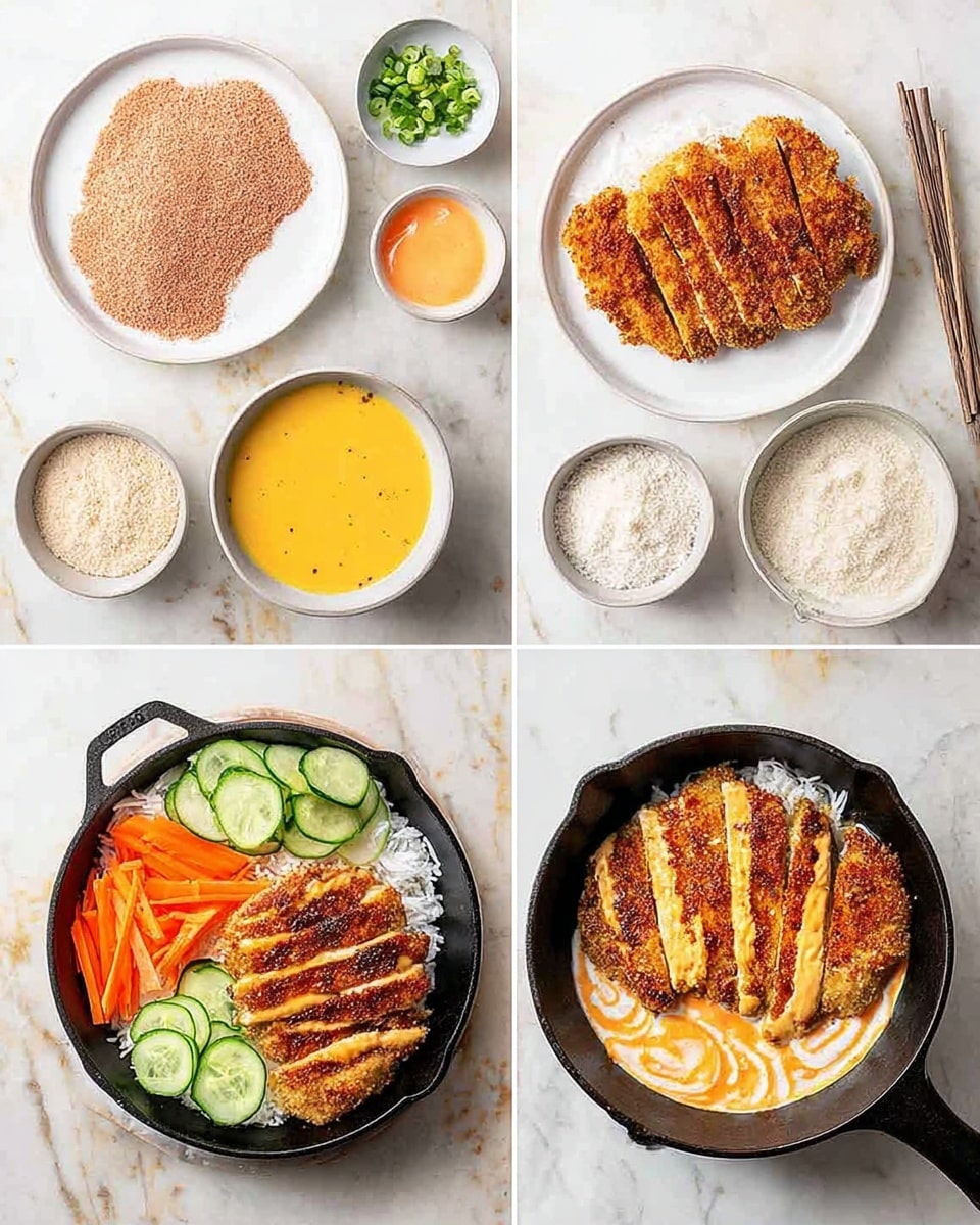 The image shows six steps of making a crispy chicken dish on a white marbled surface. First, two raw chicken pieces are seasoned with spices on a white plate, light brown and smooth. Second, the chicken pieces are dipped in a yellow beaten egg mixture in a white bowl, with flour and breadcrumbs in separate white bowls nearby. Third, the chicken pieces are fully coated with breadcrumbs on a white plate, pale golden and textured. Fourth, the breaded chicken pieces are cooked to a deep brown crispy crust in a black cast iron skillet. Fifth, the cooked chicken is sliced and served on white bowls with white rice at the bottom, thin orange carrot strips, round sliced cucumbers, and some pickled vegetables. Sixth, the dish is topped with a swirl of light orange sauce and sprinkled with sliced green onions, with chopsticks placed beside the bowls. Photo taken with an iphone --ar 4:5 --v 7