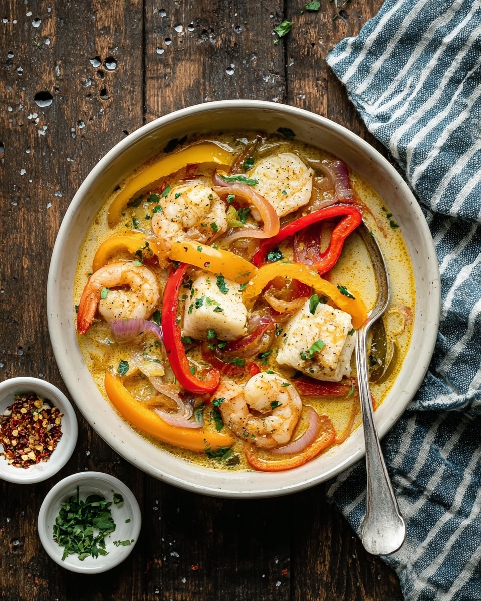 A white bowl filled with a creamy soup containing four pieces of white fish chunks, six pink shrimp with curled tails, and colorful slices of bell peppers in red, yellow, and orange. The soup also has translucent onion slices and green herbs sprinkled on top. A silver spoon rests inside the bowl on the right side. The bowl is placed on a dark wooden surface with small droplets and crumbs around it, and a blue and white striped cloth is partly visible on the top right. Two small white bowls with green herbs and red pepper flakes sit near the main bowl. Photo taken with an iphone --ar 4:5 --v 7