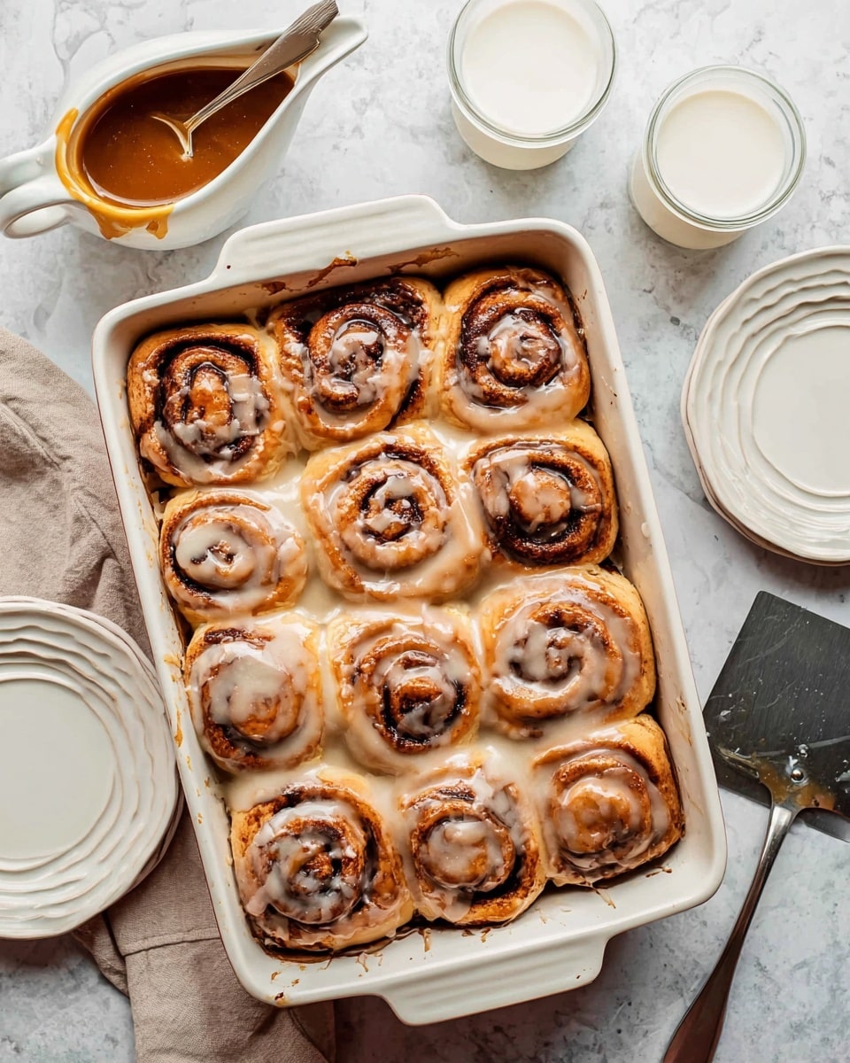 A white baking dish filled with twelve cinnamon rolls arranged in three rows of four. Each cinnamon roll has a golden-brown, slightly shiny top with visible dark cinnamon spirals and is covered lightly with creamy, off-white glaze that drips over the sides. To the top left of the dish, there is a small white gravy boat filled with thick caramel sauce and a spoon resting inside. Two clear glasses of milk are placed in the upper right corner on a white marbled surface. Two empty white plates with ridged patterns are positioned near the bottom corners of the image along with a metal spatula on the right side. The photo is taken with an iphone --ar 4:5 --v 7