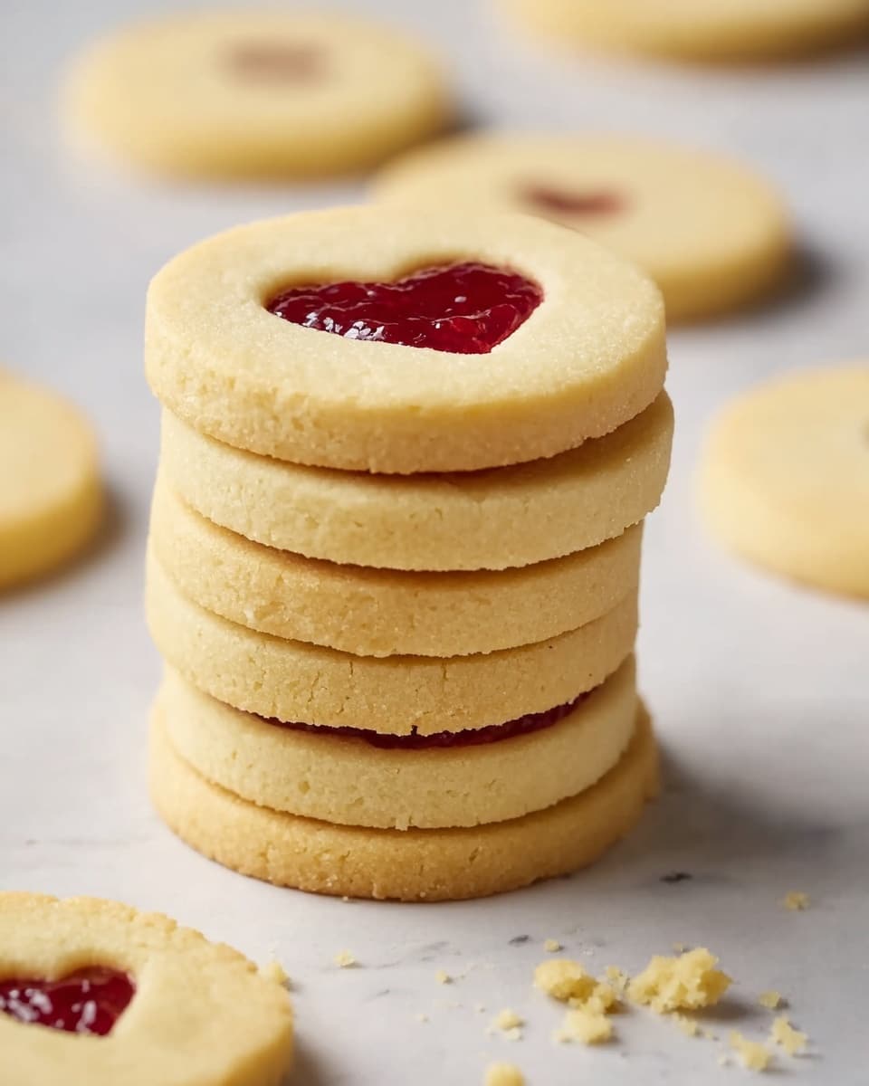 A stack of round, pale yellow cookies filled with a thin layer of red jam in the middle is displayed on a white marbled surface. The top cookie of the stack has a small heart-shaped cutout revealing the shiny red jam layer inside. Around the cookies, there are small crumbs scattered. In the background, more cookies are lying flat and slightly blurred. The texture of the cookies looks smooth and soft, with a gentle golden tint. Photo taken with an iphone --ar 4:5 --v 7