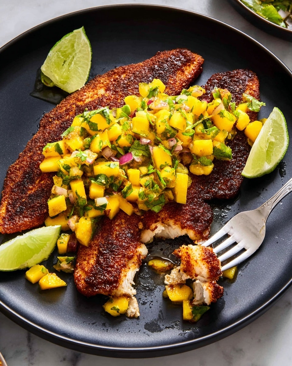 A black plate holds two cooked fish fillets with a dark brown, crispy outer layer as the base. On top, there is a bright yellow mango salsa made of small diced mango pieces mixed with green herbs and tiny bits of red onion, adding a fresh texture and color contrast. Around the fish, two lime wedges with bright green skin and pale green flesh sit on the plate's edges. A fork with a piece of the fish and mango salsa is positioned at the plate's front right side. The setting is on a white marbled surface. photo taken with an iphone --ar 4:5 --v 7