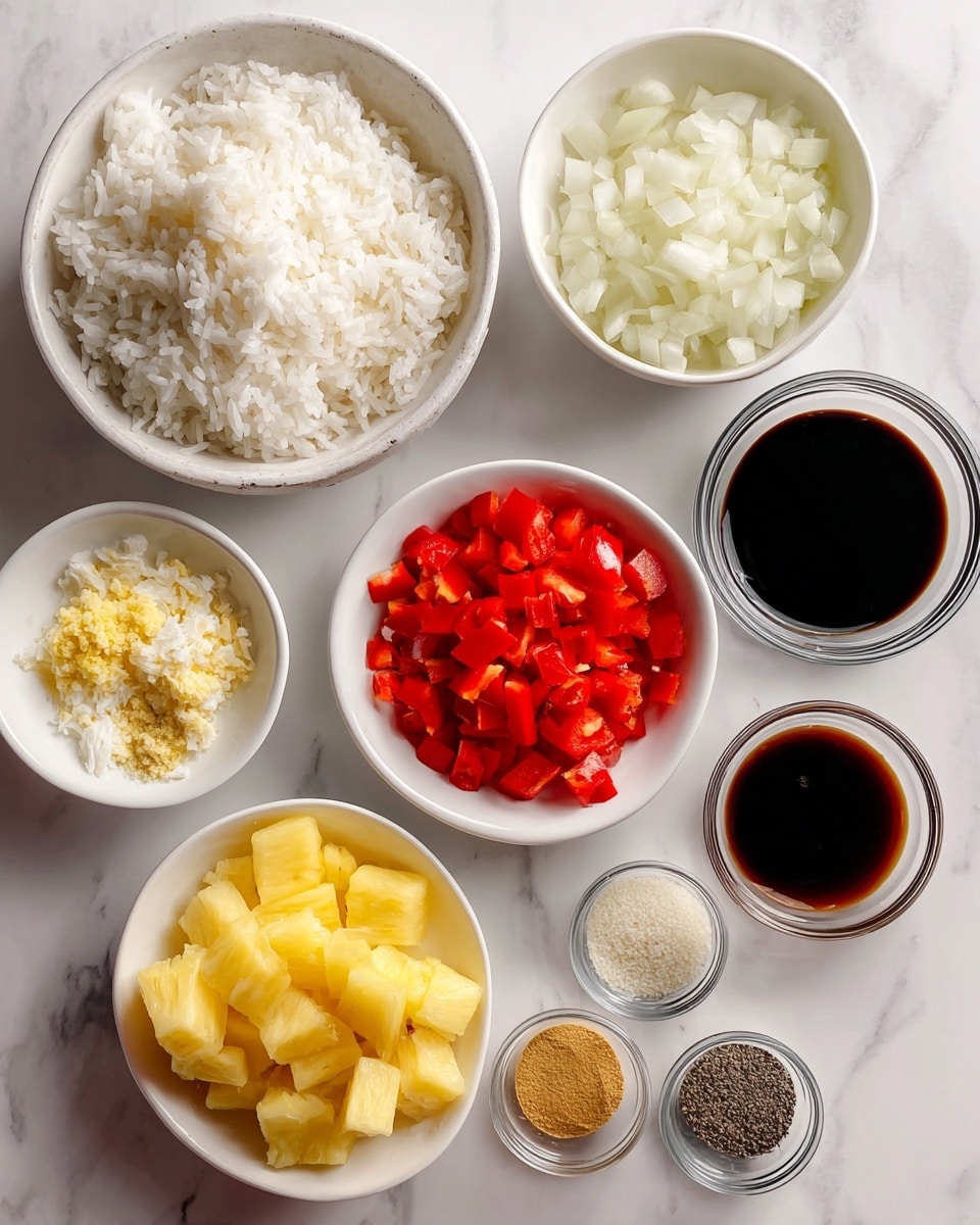 The image shows several small white bowls and one larger white bowl arranged on a white marbled surface. The larger bowl on the left contains fluffy white day-old jasmine rice. Next to it, a white bowl holds small bright red diced red pepper pieces. Below that, another white bowl is filled with yellow pineapple pieces cut into small cubes. To the right, a larger white bowl contains finely chopped white onion. Above that, a clear glass bowl is filled with dark brown soy sauce. There are three smaller white bowls around: one with finely grated light yellow garlic, one with a small amount of pale yellow ginger, and one containing salt and black pepper arranged side by side. A small glass bowl to the right holds dark brown oyster sauce. The overall look is clean and colorful, with the ingredients neatly displayed and labeled. Photo taken with an iphone --ar 4:5 --v 7