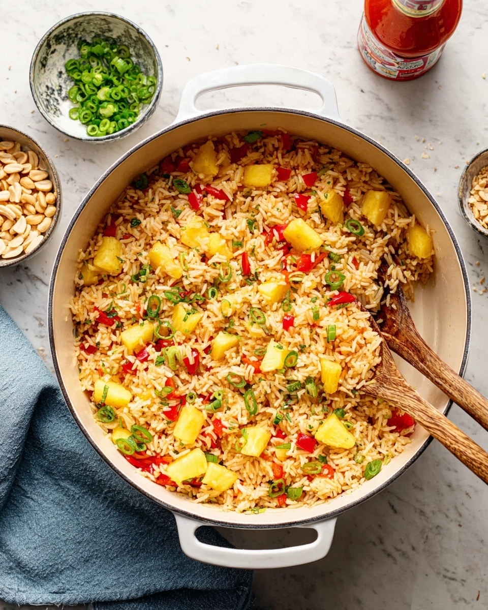 The image shows a white large pot filled with cooked rice mixed with small yellow pineapple chunks, red bell pepper pieces, and sprinkled green sliced herbs. The rice looks fluffy and light brown from seasoning, with colors spread evenly across the dish. Two wooden spoons rest inside the pot, ready for serving. Surrounding the pot on a white marbled surface are a small bowl with green sliced herbs, a small bowl with crushed light brown nuts, and a bottle of red sauce at the top left corner. A blue cloth is placed under the pot's right handle. The scene is bright and fresh, photo taken with an iphone --ar 4:5 --v 7