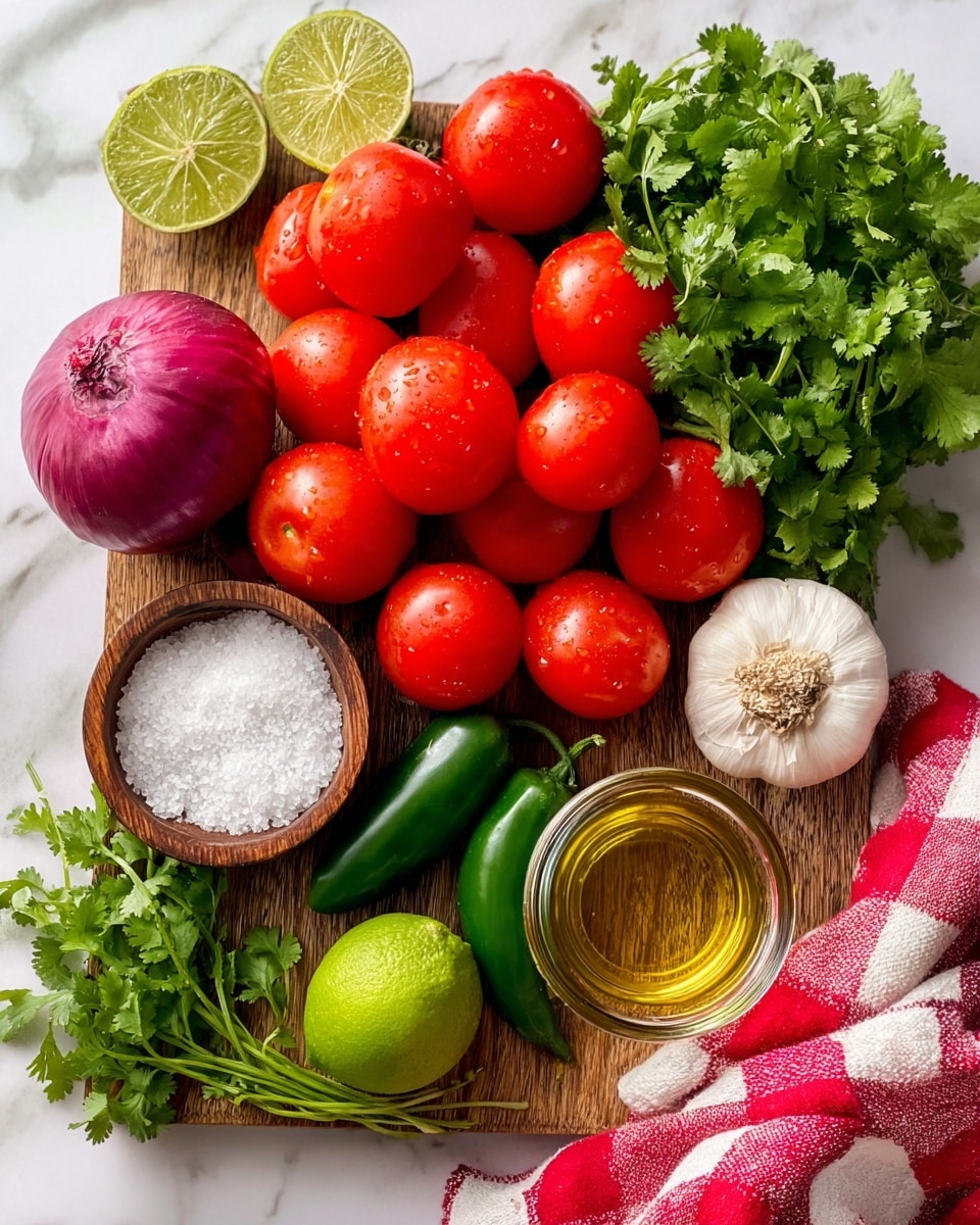 The image shows a wooden board on a white marbled surface filled with fresh ingredients. There are several shiny red roma tomatoes piled in the center, surrounded by a bunch of bright green cilantro leaves on the right. In front of the tomatoes, a whole purple-red onion sits next to two dark green jalapenos. A whole lime is placed on the bottom left corner near a small wooden bowl filled with white sea salt. A whole garlic bulb and a small clear glass jar of golden oil are also on the board. A red and white checkered cloth peeks in from the right edge. The whole scene is bright and fresh, with natural colors and simple textures. Photo taken with an iphone --ar 4:5 --v 7