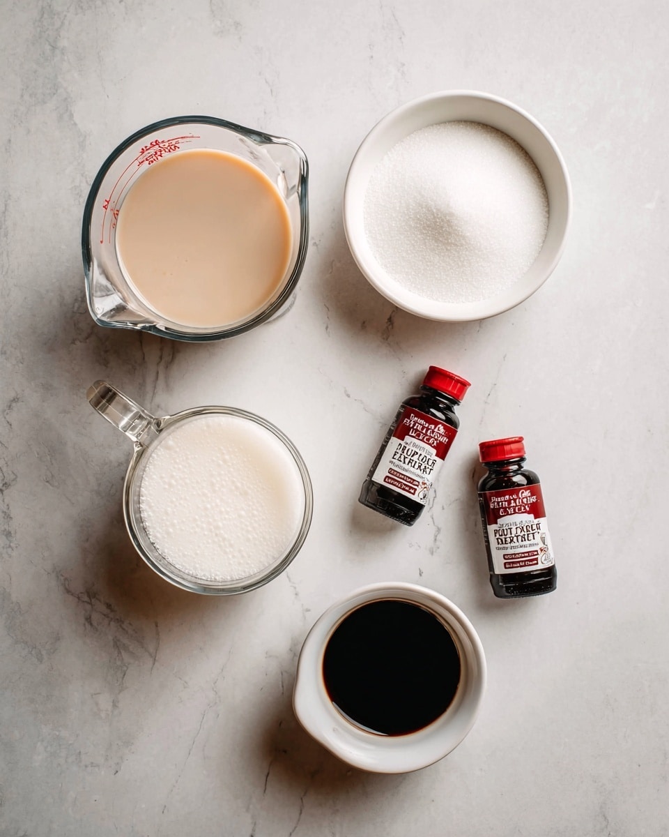 The image shows five ingredients placed on a white marbled surface. At the top right, there is a white bowl filled with white granulated sugar. Below to the left, there are two clear glass measuring cups: the upper one filled with a smooth beige liquid, and the lower one filled with frothy white milk. At the bottom right, there is a small white bowl with dark brown liquid inside. To the right of the center, two small dark brown bottles with red caps and white labels stand next to each other—one labeled