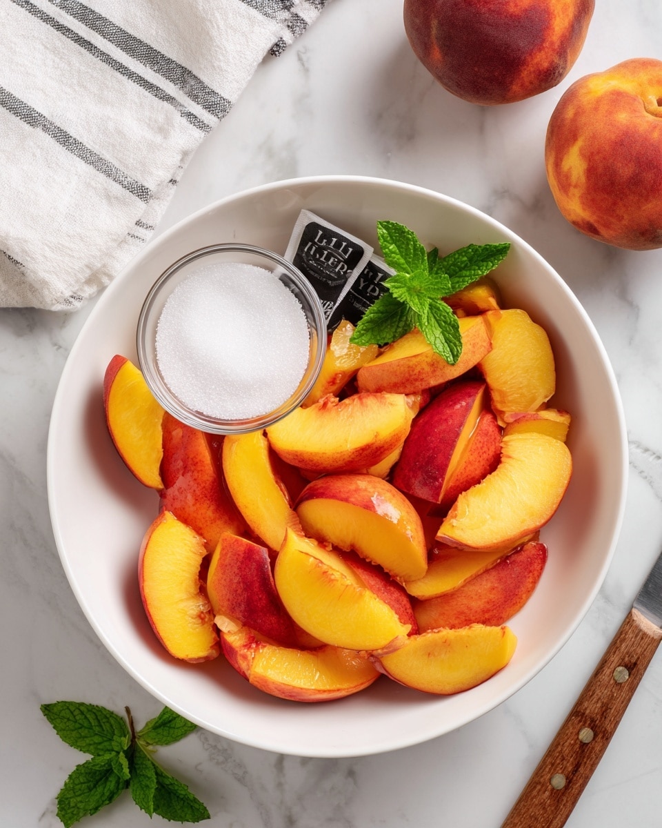 A white bowl filled with sliced peach wedges, showing a mix of orange and red skin with bright yellow inside, arranged in a slightly messy pile. On top of the peaches, there is a small clear glass bowl filled with white granulated sugar, and a few fresh green mint leaves are placed beside the peach slices. Two black tea bags with Lipton tags rest on the edge of the bowl near the sugar. The bowl sits on a white marbled surface with a whole peach and a knife with a wooden handle placed nearby. A folded white cloth with thin black stripes is partially visible in the top left corner. photo taken with an iphone --ar 4:5 --v 7