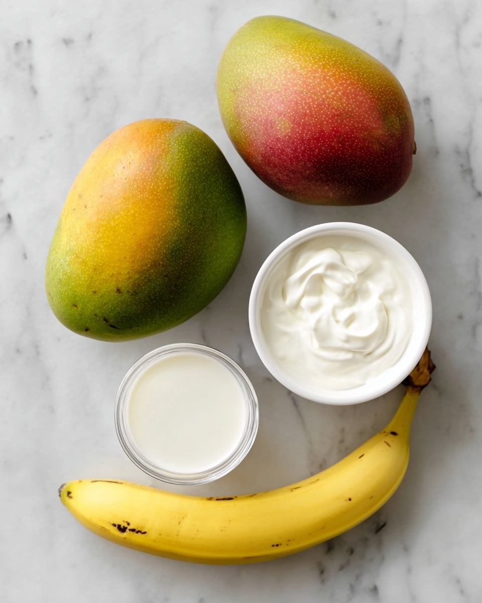Two whole ripe mangoes with a mix of green, yellow, and red skin are placed on a white marbled surface. Next to them, a single bright yellow banana with a few small brown spots lies curved. Below the fruits, there are two small white bowls: one filled with smooth, white yogurt with soft swirls, and the other holding white milk. The items are spaced evenly on the surface, showing their fresh and natural colors. photo taken with an iphone --ar 4:5 --v 7