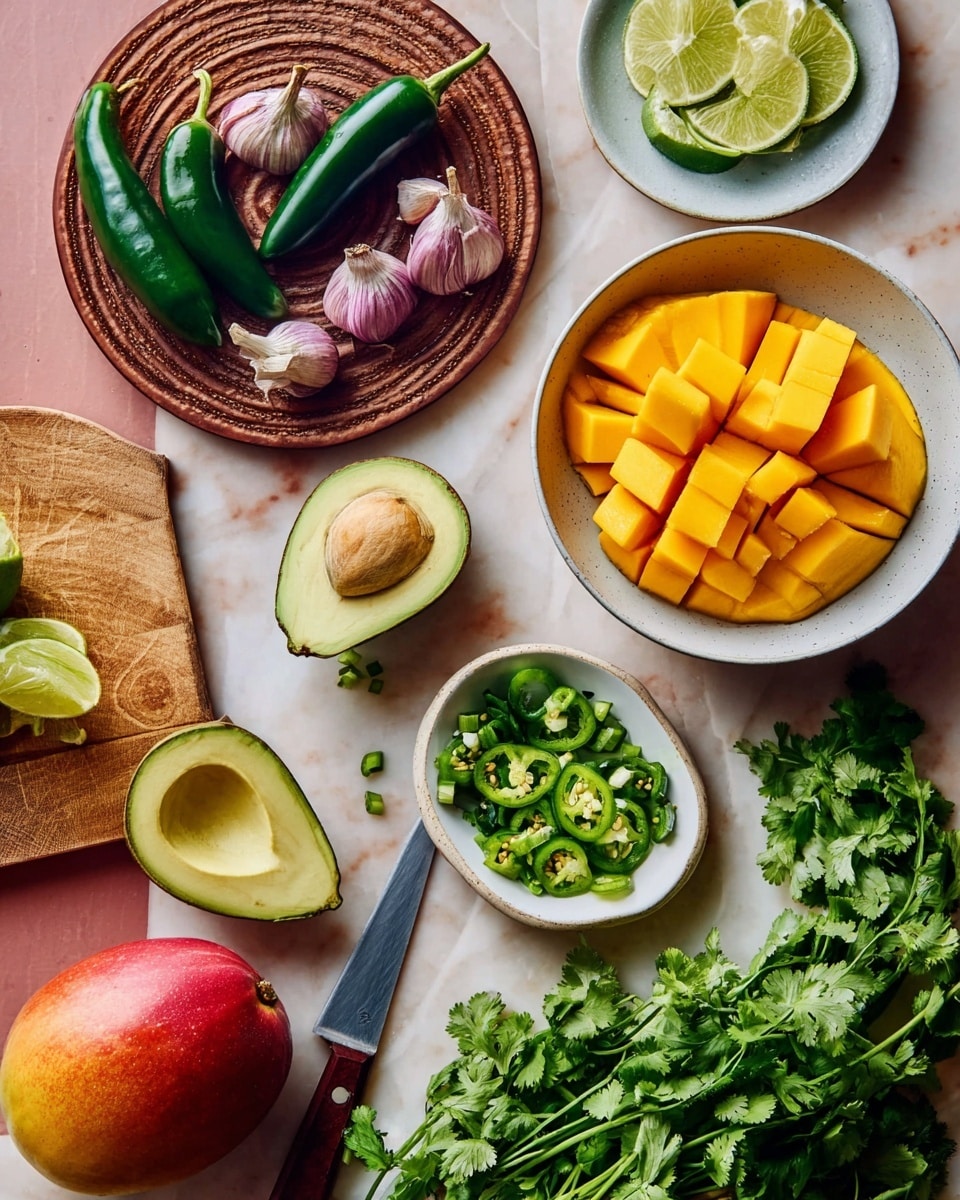 This image shows a variety of fresh ingredients arranged on a white marbled surface. In the center right, there is a white bowl with two mango halves: one diced into orange-yellow cubes and one whole with a red-yellow skin. Below to the left, there is a white plate with two avocado halves, one with a pit inside. Above the avocados is a small white plate holding four garlic cloves with a purple tint. Towards the top center, a wooden cutting board has two jalapeños: one whole and one sliced in half showing white seeds, plus chopped green jalapeños in a small white bowl. Nearby are lime wedges in a white bowl and a vibrant bunch of fresh green cilantro on the right side. A knife with a wooden handle rests on the mango bowl. The scene feels fresh and colorful with a mix of green, yellow, red, and purple tones. Photo taken with an iphone --ar 4:5 --v 7