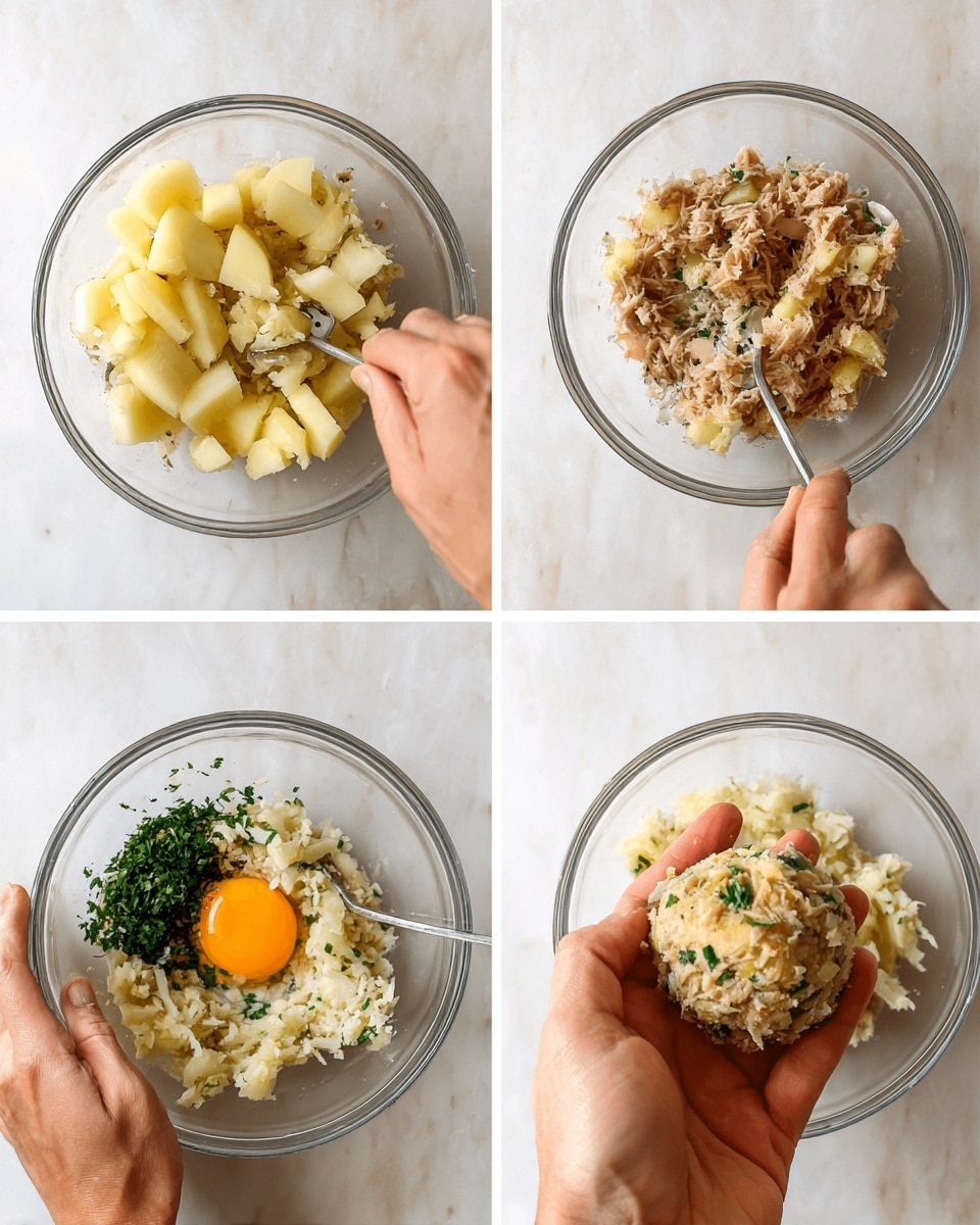 The image shows four steps of making a tuna mixture in a clear glass bowl on a white marbled surface. The first step has a woman's hand holding the bowl and a fork mashing large chunks of pale yellow potatoes. The second step shows a mound of light brown tuna mixed with finely chopped white onions on top of mashed potatoes with a fork inside the bowl. The third step shows the same mixture with a raw orange egg yolk and fresh chopped dark green herbs added on top, ready to be mixed. The last step shows a woman's hand holding a round ball of the mixed contents, which is light beige with green herb flecks and a rough texture. Photo taken with an iphone --ar 4:5 --v 7
