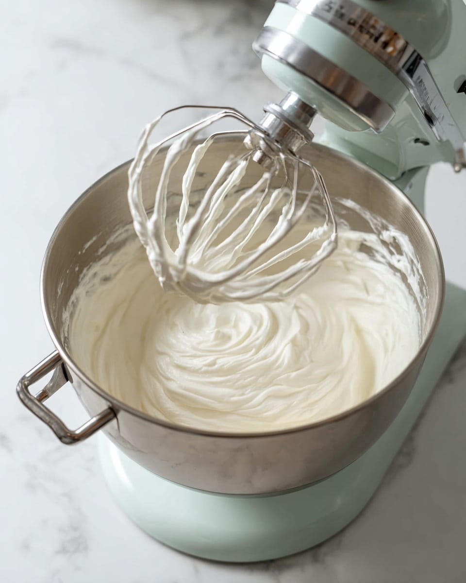 A large silver metal mixing bowl holds thick, smooth white cream that is being whipped by a metal whisk attached to a pale green stand mixer. The cream has a soft and fluffy texture with visible swirls and peaks. The bowl has two handles on the sides and sits on a white marbled surface. The top part of the mixer is slightly blurred, focusing mainly on the creamy whipped mixture inside the bowl. photo taken with an iphone --ar 4:5 --v 7
