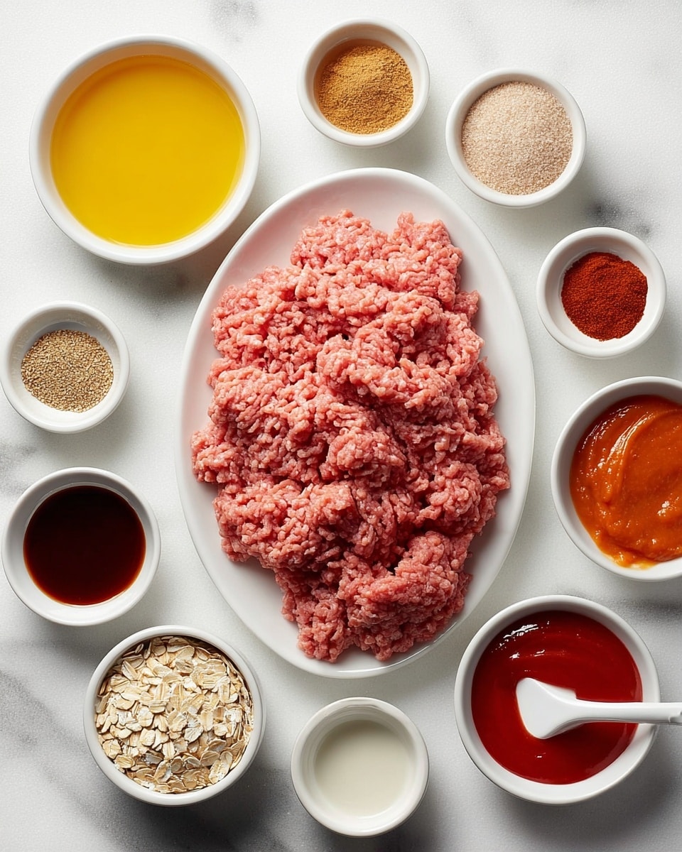 This image shows an oval white plate filled with a large pile of raw ground meat, pink with a slightly coarse texture. Surrounding the plate on a white marbled surface are several small white bowls holding different ingredients: a bowl with a yellow liquid, another with smooth red sauce, and one with light brown sugar. There is also a small bowl of oats topped with a spoon of white creamy substance, and a few bowls contain dry spices in colors like white, brown, and reddish-orange, along with some dark and light liquids in other bowls. The arrangement is neat, with each bowl clearly visible and spaced evenly. Photo taken with an iphone --ar 4:5 --v 7