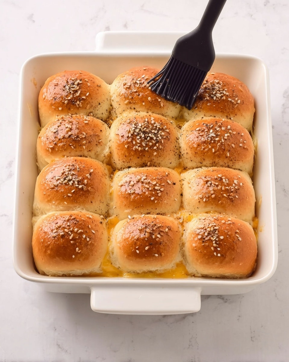 The image shows a white rectangular baking dish filled with twelve soft, shiny golden brown slider buns arranged in three rows and four columns. The buns are topped with small seeds and a light sprinkle of black pepper. A black brush is applying a buttery mixture onto the rolls near the bottom left of the dish, and the filling between the buns is a thin layer of melted yellow cheese just visible at the bottom center. The dish sits on a white marbled surface. Photo taken with an iphone --ar 4:5 --v 7