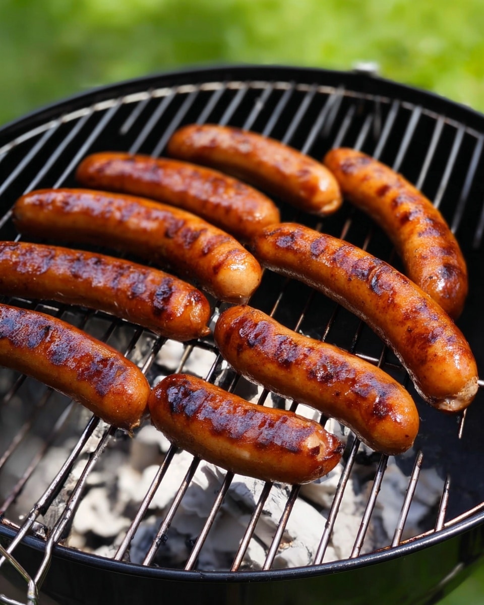 Seven shiny, brown sausages with slight grill marks sit evenly spaced on a round black grill rack over white hot charcoal. The sausages vary slightly in length, with the ones on the left being straight and the ones towards the right curving gently. The grill is set outdoors with a blurred green background suggesting grass or garden. The metal grill bars are black and the sausages have a smooth texture with some darker spots indicating slight charring. Photo taken with an iphone --ar 4:5 --v 7