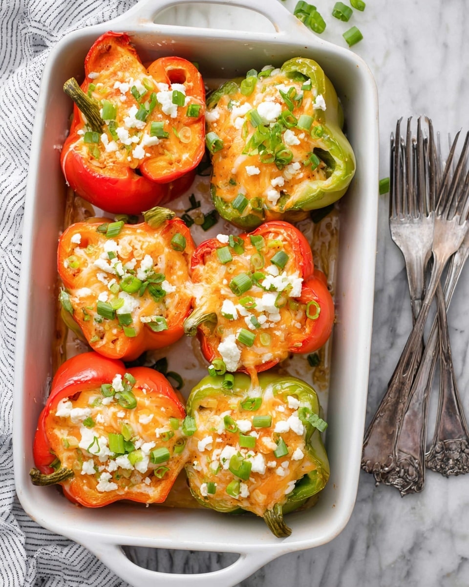 The image shows a white baking dish filled with six stuffed bell peppers, arranged in two rows of three. The peppers are a mix of red and green colors, each halved and hollowed out, filled with a soft orange and light brown mixture. On top of the filling is a layer of melted creamy white cheese sprinkled with small pieces of white crumbly cheese and chopped green onions. The dish is placed on a white marbled surface. Next to the dish, a white and grey striped cloth is partially visible, with two silver forks lying on it. Photo taken with an iphone --ar 4:5 --v 7