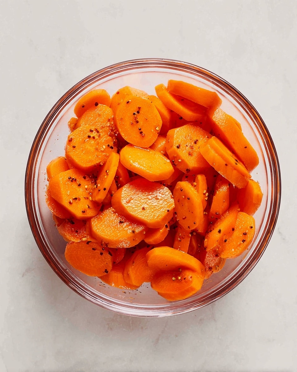 A clear glass bowl filled with two layers of bright orange carrot slices, each slice showing a smooth, slightly glossy texture with small black pepper flakes scattered on top, all on a white marbled surface. Photo taken with an iphone --ar 4:5 --v 7