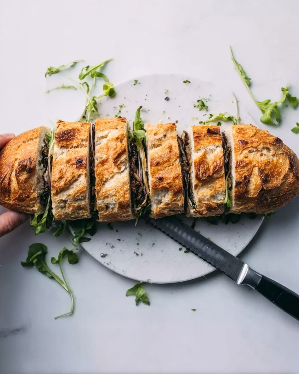 A long sandwich is placed on a white plate, resting on a white marbled surface. The sandwich is cut into four equal sections. The bread is golden brown with a crispy texture on top. Inside, dark colored leafy greens peek out from under the bread. A woman's hand is holding the sandwich near the left side. A serrated knife lies diagonally in front of the plate. Small green leaves are scattered beneath and around the sandwich. Photo taken with an iphone --ar 4:5 --v 7