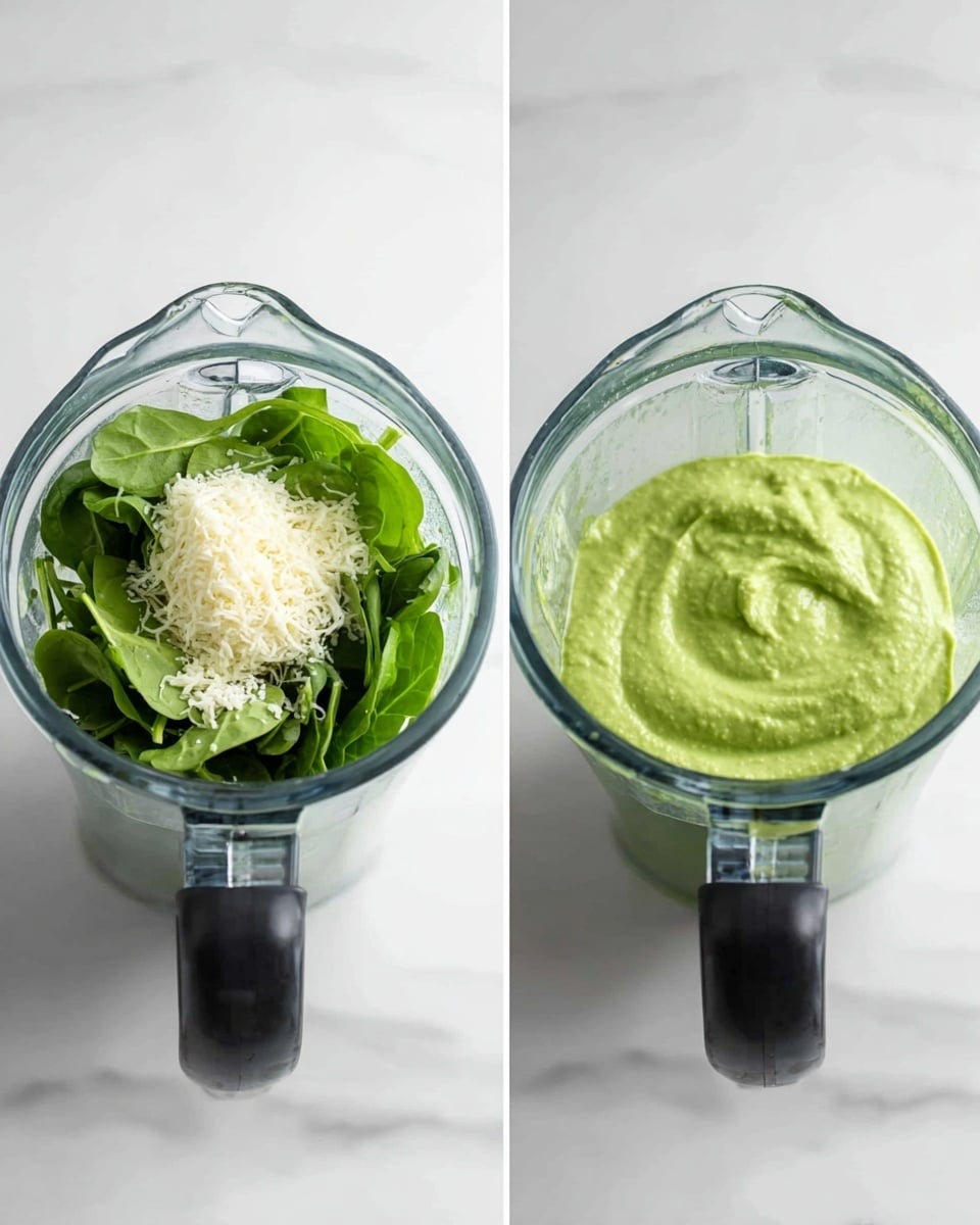 The image shows two side-by-side photos of a clear blender pitcher placed on a white marbled surface. The left pitcher contains fresh green spinach leaves topped with a mound of grated white cheese. The right pitcher holds a smooth, thick light green mixture with a swirl pattern on top, indicating it was just blended. Both pitchers have black handles facing the right side. photo taken with an iphone --ar 4:5 --v 7