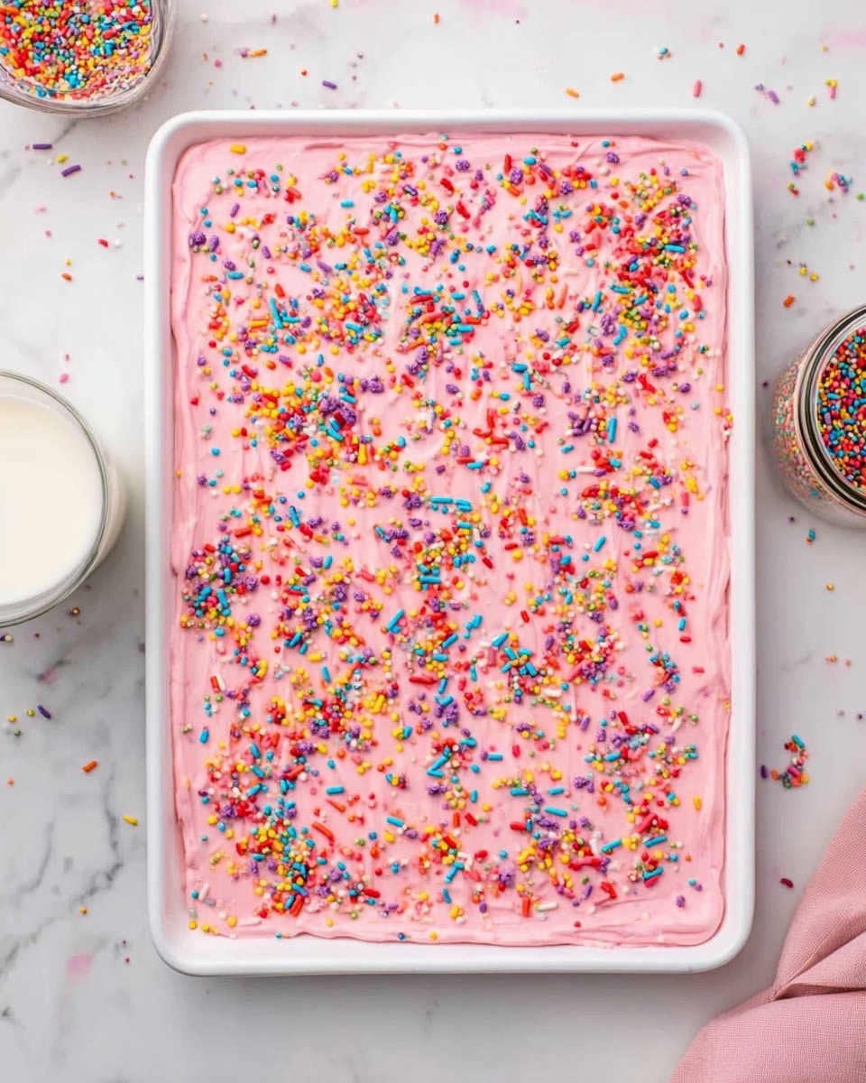 A large rectangular white tray filled evenly with one thick layer of smooth, pale pink frosting. The pink surface is covered with a generous amount of colorful sprinkles in red, blue, yellow, purple, and green, scattered all over in groups and single pieces, adding a lively and bright contrast. The tray is set on a white marbled surface, with a small jar of extra sprinkles and a glass of milk nearby, creating a festive and sweet atmosphere. Photo taken with an iphone --ar 4:5 --v 7