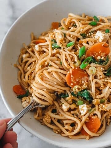 Spicy Gochujang Udon Noodles with Crispy Tofu, Carrots, and Bok Choy Recipe