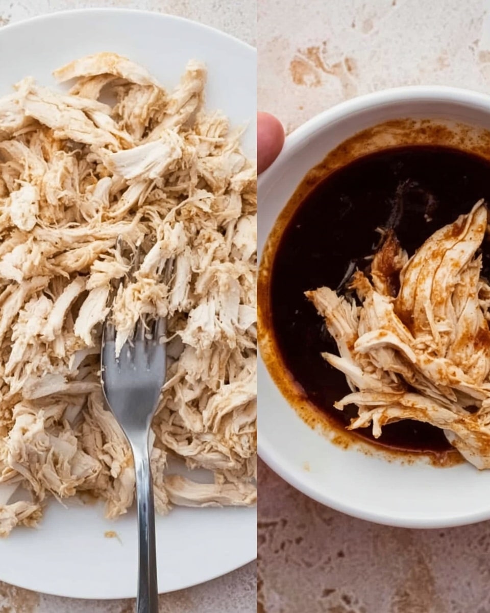 The image shows shredded cooked chicken with a light brown color and slightly moist texture. The chicken is spread in two parts: on the left side, the chicken is on a white plate next to a woman's hand holding a silver fork, and on the right side, the chicken is in a white bowl filled partially with dark brown sauce. The background is a white marbled texture. photo taken with an iphone --ar 4:5 --v 7