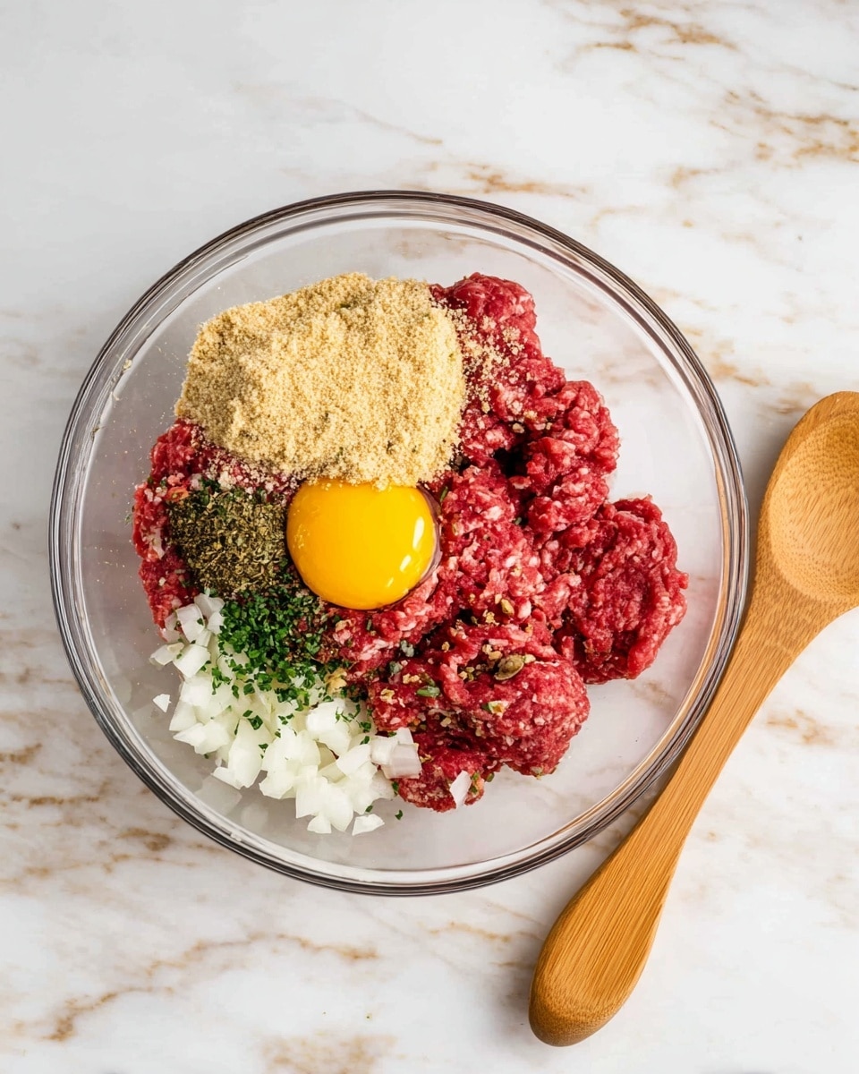 A clear glass bowl on a white marbled surface holds several ingredients arranged in layers: a large portion of red raw ground meat forms the base with small sections of finely chopped white onions on one side, a pile of light tan breadcrumbs on top, a yellow mustard dollop, and small spots of green herbs, salt, pepper, and garlic powder scattered on the meat, with a single cracked raw egg showing its bright yellow yolk near the edge. Beside the bowl is a wooden spoon resting on the surface. photo taken with an iphone --ar 4:5 --v 7