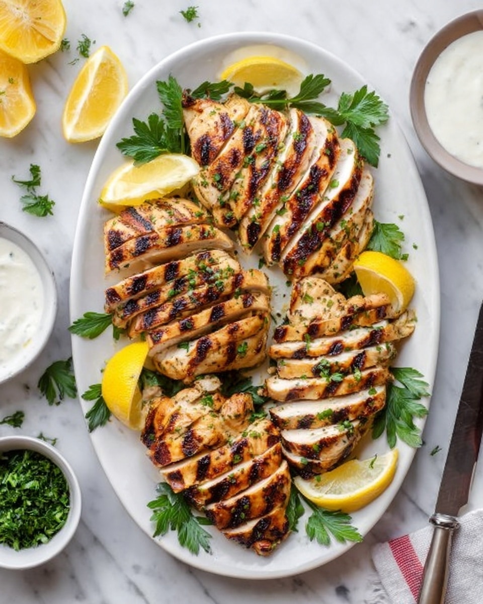 The image shows a white oval plate filled with three portions of grilled chicken, each sliced into thick strips with clear dark brown grill marks across the golden-brown cooked chicken. The chicken pieces are arranged in three groups on the plate, with fresh green parsley leaves placed between and around them. There are several lemon wedges scattered on the plate, adding bright yellow color. To the side, there is a small white bowl of green chopped herbs and another bowl filled with white creamy sauce. The background surface is a white marbled texture, and a woman's hand is holding a knife on the right side, ready to cut more chicken. photo taken with an iphone --ar 4:5 --v 7