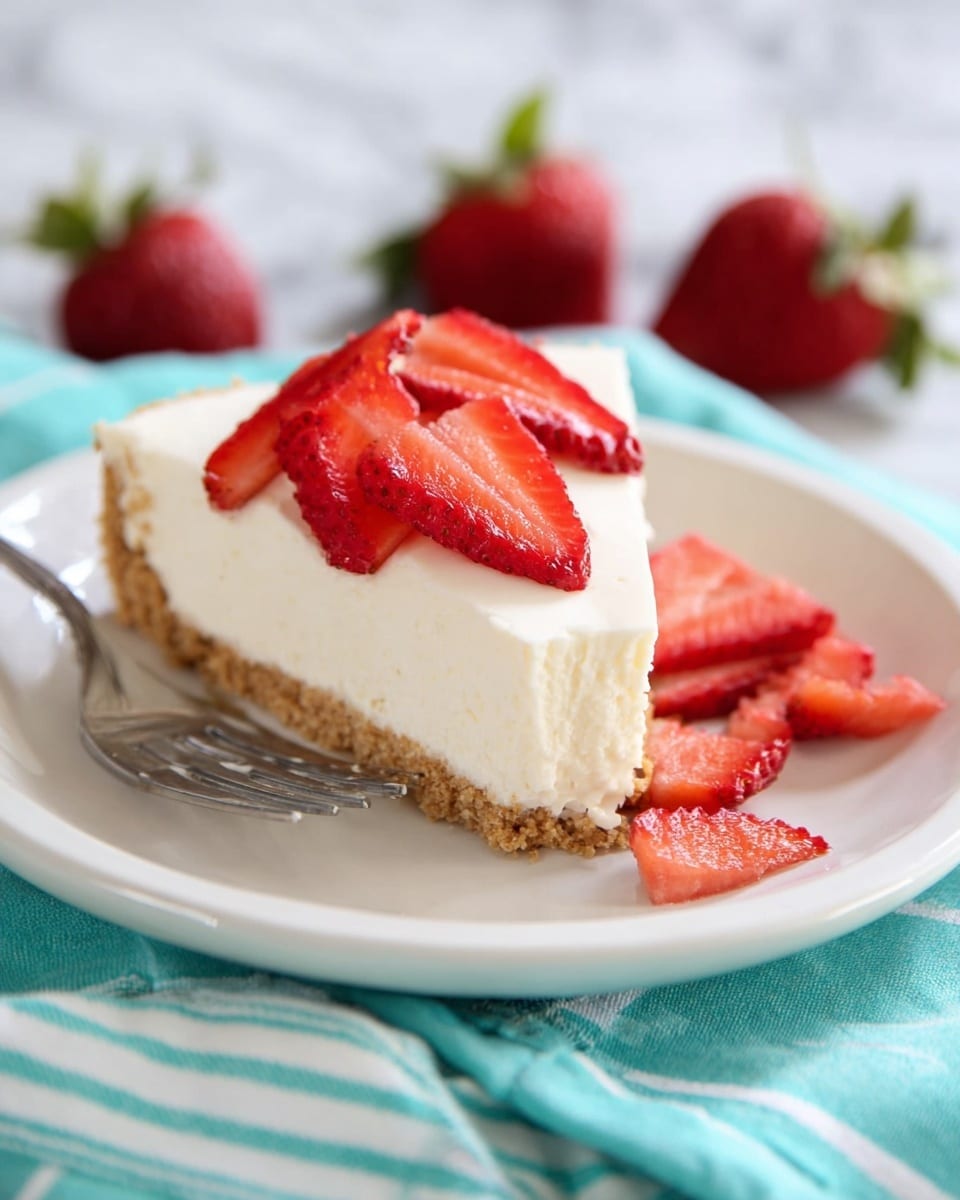 A slice of cheesecake with two layers sits on a white plate: a light brown crumbly base on the bottom and a thick white creamy layer on top. On the surface of the creamy layer, there are several thin slices of bright red strawberries. A silver fork rests on the side of the plate. Around the plate, there are whole strawberries and a soft turquoise cloth with white stripes. The scene is set against a white marbled texture. photo taken with an iphone --ar 4:5 --v 7