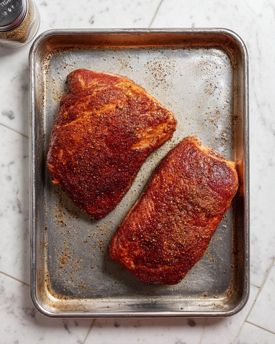 Two large pieces of seasoned cooked meat with a reddish-brown crust sit side by side on a metal baking tray. The meat surface is rough-textured with visible seasoning and a slight shine from natural juices. The baking tray is worn with some small scattered seasoning bits and slight grease marks. The tray is positioned on a white marbled textured floor with grout lines. A spice container is partially visible on the upper left corner of the image. photo taken with an iphone --ar 4:5 --v 7