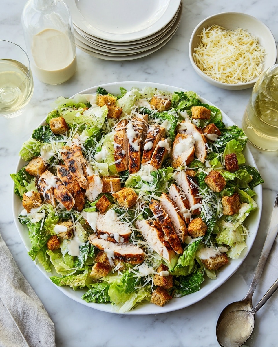 The image shows a food preparation scene on a white marbled surface. In the center, there is a wooden board with chopped dark green leafy lettuce, with two whole heads of bright green romaine lettuce placed on the board's sides. To the right, a white plate holds several grilled chicken pieces with light brown grill marks and seasoning. Below the plate, a metal tray contains golden brown, crispy bread cubes with some green herbs visible inside. Above the wooden board, a small white bowl is filled with finely shredded white cheese, and beside it, a small slice of golden brown toasted bread is placed. A white bowl filled with creamy light dressing has a silver spoon resting inside. The scene looks fresh and ready for assembling a salad. Photo taken with an iphone --ar 4:5 --v 7