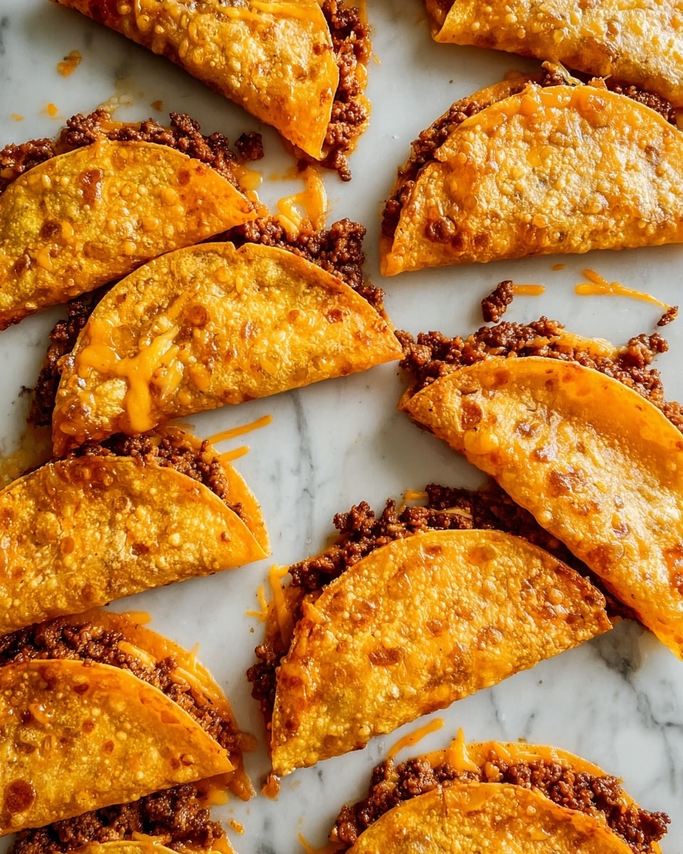 The image shows several crispy tacos arranged on a white marbled surface. Each taco is folded in half, with golden brown, bubbly fried corn tortillas forming the outer shell. Inside, there is a rich layer of melted cheese combined with browned ground meat, visible through the edges where cheese has melted and browned, spilling slightly onto the surface. The tacos have a crunchy texture highlighted by the small bubbles on the tortilla and the melted cheese that has turned darker orange in places. The tacos are evenly spaced, and the overall scene looks warm and appetizing. Photo taken with an iphone --ar 4:5 --v 7