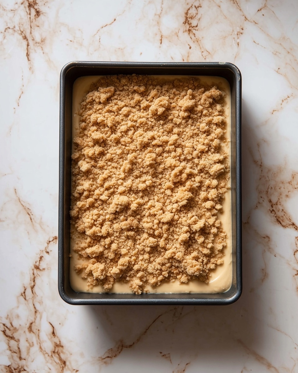 The image shows a rectangular dark baking pan filled with two visible layers: the bottom layer is a smooth, light beige batter, and the top layer is a crumbly, rough-textured streusel topping in a golden brown color with small and medium clumps. The pan is placed on a white marbled surface with brown veins, giving a clean and bright look. photo taken with an iphone --ar 4:5 --v 7