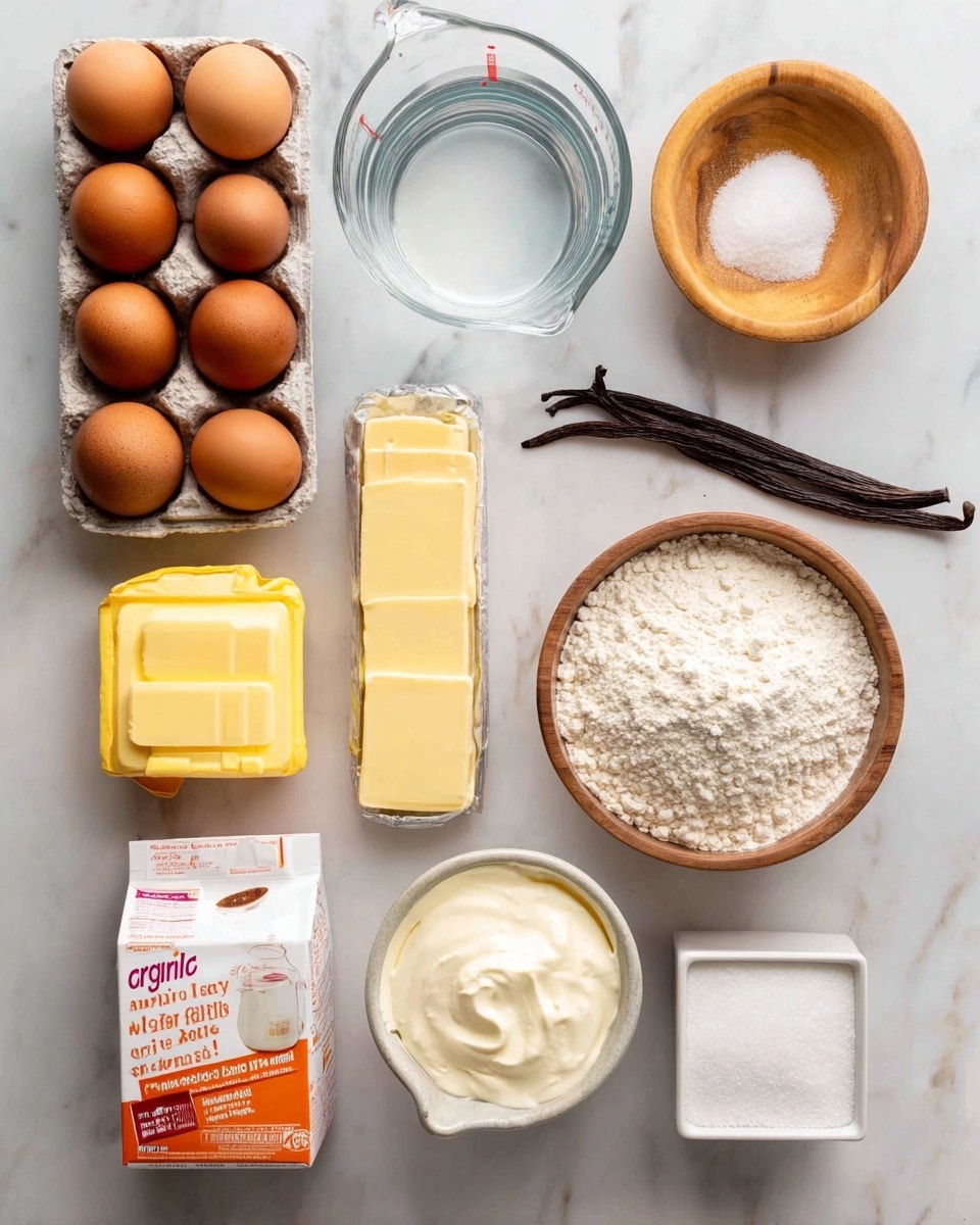 The image shows various ingredients arranged neatly on a white marbled surface. There are eight brown eggs stacked in two rows, a clear glass measuring cup filled with water, and a yellow wrapped bar of semisweet chocolate. Two white sticks of butter are placed side by side, and a small wooden bowl filled with salt is nearby. A bright yellow container of cornstarch and a pink and white bag of all-purpose flour stand next to a white carton of organic whole milk and an orange and white carton of heavy cream. A vanilla bean pod lays diagonally between the cream and the flour. Lastly, a white box of granulated sugar is positioned at the bottom right. Each item is labeled clearly in gray text boxes above or next to them. Photo taken with an iphone --ar 4:5 --v 7