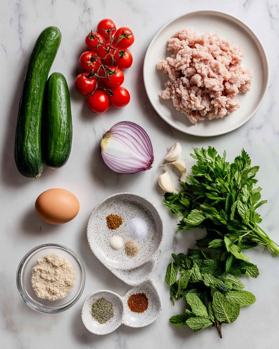 The image shows ingredients for chicken meatballs arranged on a white marbled surface. In the top left corner, two long green cucumbers lie horizontally, followed by a cluster of small red cherry tomatoes below them. To the right of the tomatoes is a bunch of bright green parsley with long stems. Half a red onion with a pale purple and white inside is placed at the top center, with two peeled garlic cloves just below it. A white plate in the top right holds light pink ground chicken piled loosely. Below the garlic, there is a small white speckled plate with four spice piles: salt (white), pepper (gray), cumin (orange-brown), and oregano (greenish-brown). Below and slightly left, a single brown egg rests next to a clear bowl of beige bread crumbs. Finally, at the bottom right, a bunch of fresh dark green mint leaves sits together. Each ingredient is labeled with a white tag and black text. Photo taken with an iphone --ar 4:5 --v 7