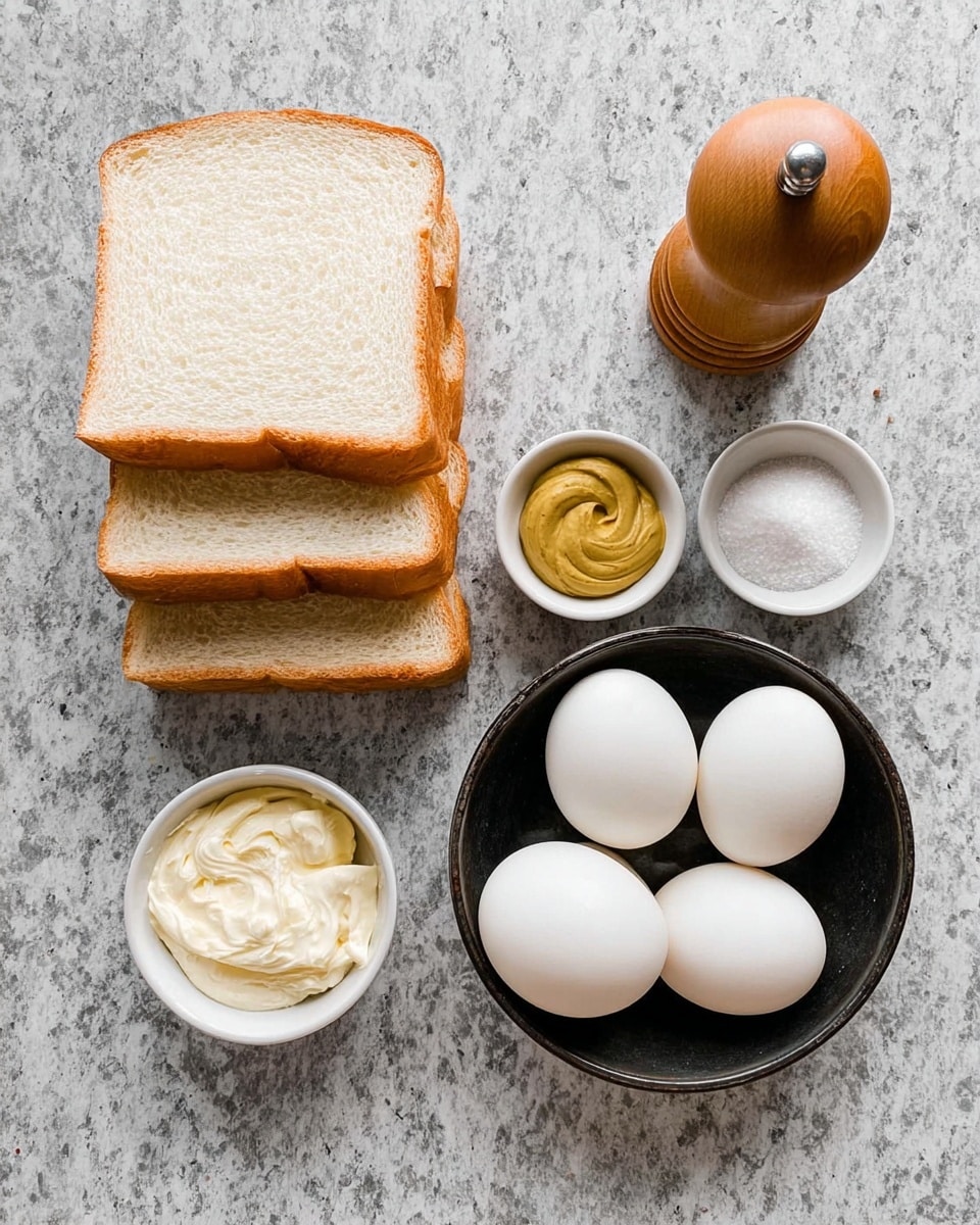 The image shows a stack of five slices of white bread placed on a white marbled surface to the left. To the right of the bread are two small white bowls, one above the other; the top one holds a small amount of yellow mustard, and the bottom one contains a dollop of light-colored mayonnaise. Next to these bowls, on the right side, there is a black bowl filled with six white boiled eggs. Above the black bowl is a wooden pepper grinder, and to its right is a small white bowl filled with white salt. The setting is casual and simple, with ingredients neatly arranged in a grid-like manner. Photo taken with an iphone --ar 4:5 --v 7