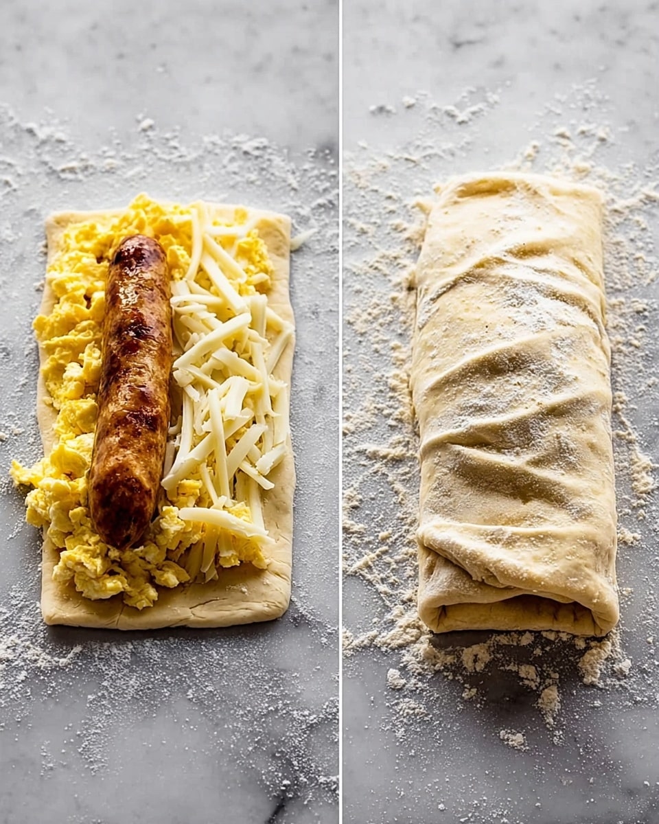 The image shows two side-by-side views of a food preparation on a white marbled surface. On the left side, there is a flat square piece of dough topped with a layer of yellow scrambled eggs, a layer of thin white cheese strips above the eggs, and a cooked brown sausage placed on the left edge. On the right side, the dough has been folded and rolled into a smooth, tightly wrapped log shape with visible folds and a light dusting of flour on the outside. Photo taken with an iphone --ar 4:5 --v 7