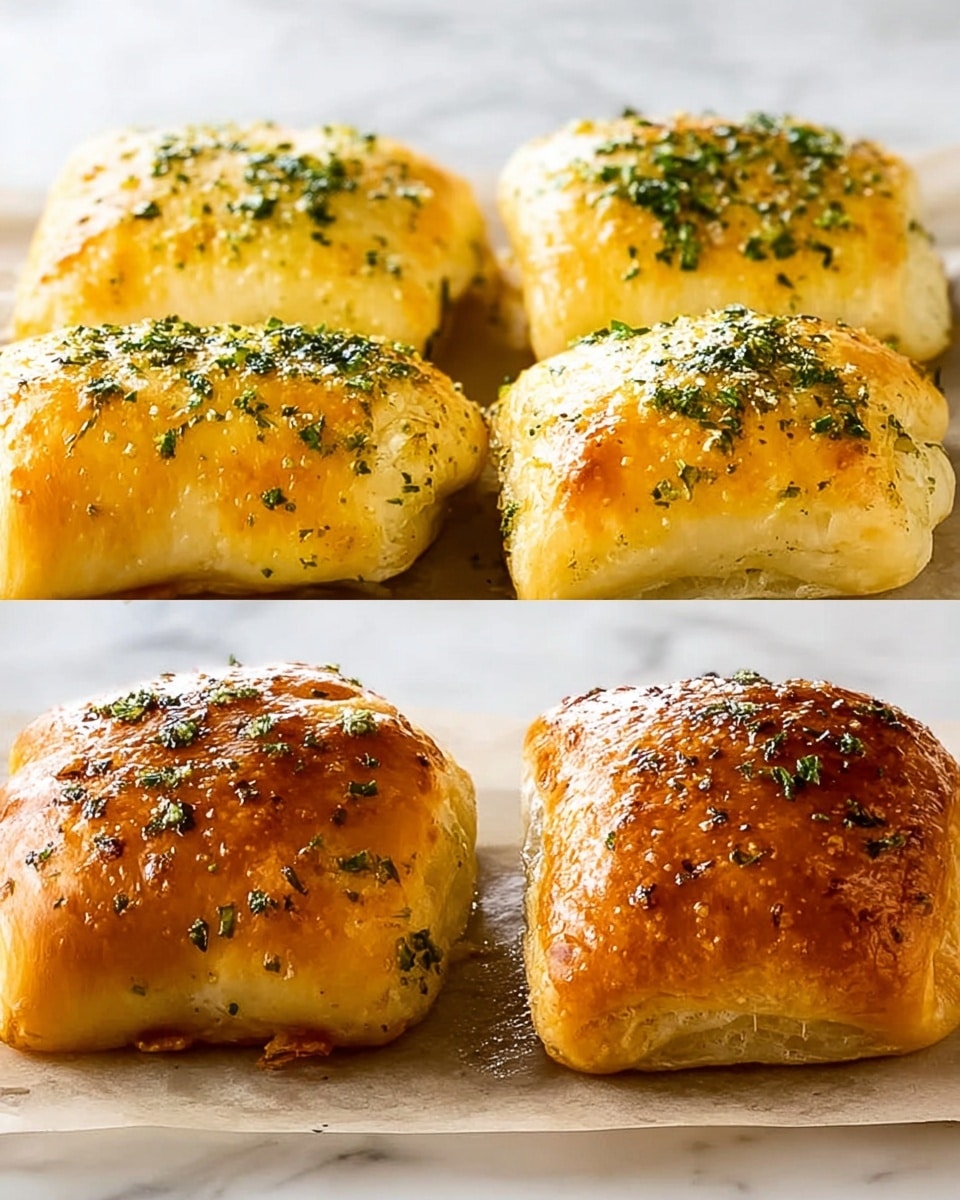 The image shows six small golden brown pastry rolls on a white tray. Each roll is covered with a shiny, soft crust and sprinkled with finely chopped green herbs on top. The rolls have a light crispy texture and a slightly puffed-up shape. The background is a white marbled surface. photo taken with an iphone --ar 4:5 --v 7