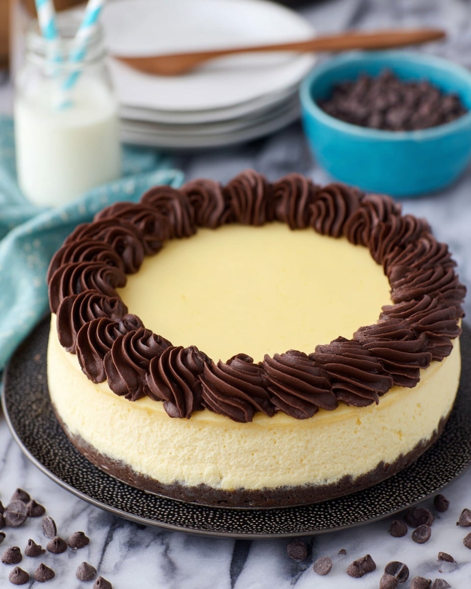 A round cheesecake sits on a dark textured plate scattered with small chocolate chips around its base. The cheesecake has two main layers: a smooth, pale creamy yellow base and a slightly textured, lighter yellow top layer. Around the edge of the top layer is a thick border of dark chocolate frosting, piped in curved, wavy ridges forming a ring. In the background on a white marbled surface, there is a blue bowl filled with more chocolate chips, a small bottle of milk with a striped straw, and a white plate with a wooden utensil resting on it. photo taken with an iphone --ar 4:5 --v 7