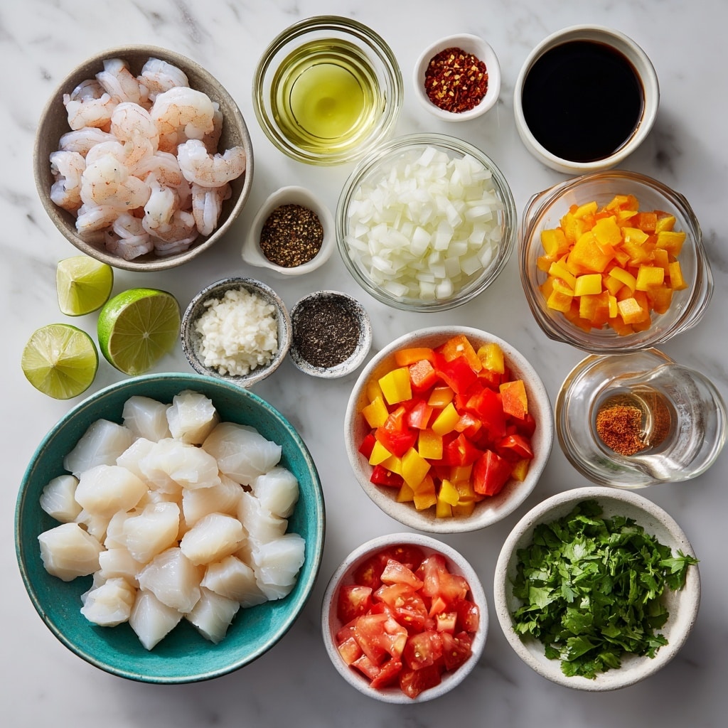 Top-down professional food photography, flat lay style, bright white marble countertop, neatly arranged, evenly spaced, tidy, clean organized layout, include: bowl of cod cubes, bowl of shelled deveined shrimp, small glass cup of lime juice, small bowl of minced garlic, small bowl of finely minced ginger, small bowl of freshly ground black pepper, small glass cup of oil, bowl of sliced onion, bowl of chopped red bell pepper, bowl of chopped yellow bell pepper, bowl of chopped orange bell pepper, bowl of seeded chopped tomatoes, bowl of salt, can of coconut milk, glass measuring cup of fish stock, small bowl of red chili flakes, small bowl of chopped cilantro, bright soft natural lighting, sharp focus, high detail textures, realistic reflections, no finished dish, no cooked food, no hands, no text, no watermark