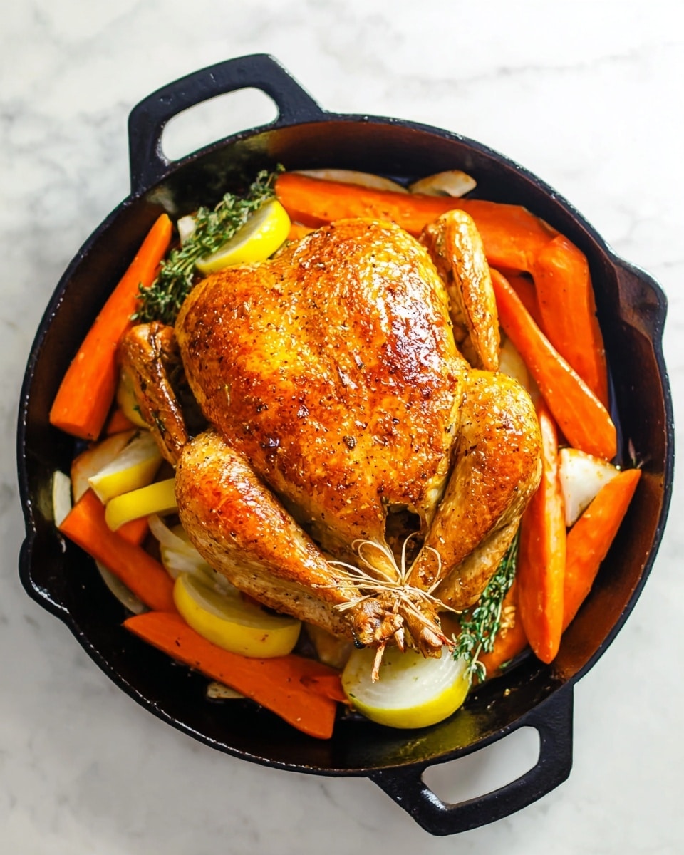 A whole cooked chicken with a shiny, golden-brown skin sits in the center of a black cast iron pan. The chicken is tied with string around the wings and legs. Around the chicken, there are thick pieces of bright orange carrots, chunky white onion wedges, pale yellow parsnip sticks, and a few slices of fresh yellow lemon, all resting against the chicken and filling the pan. The pan is placed on a white marbled surface. Photo taken with an iphone --ar 4:5 --v 7